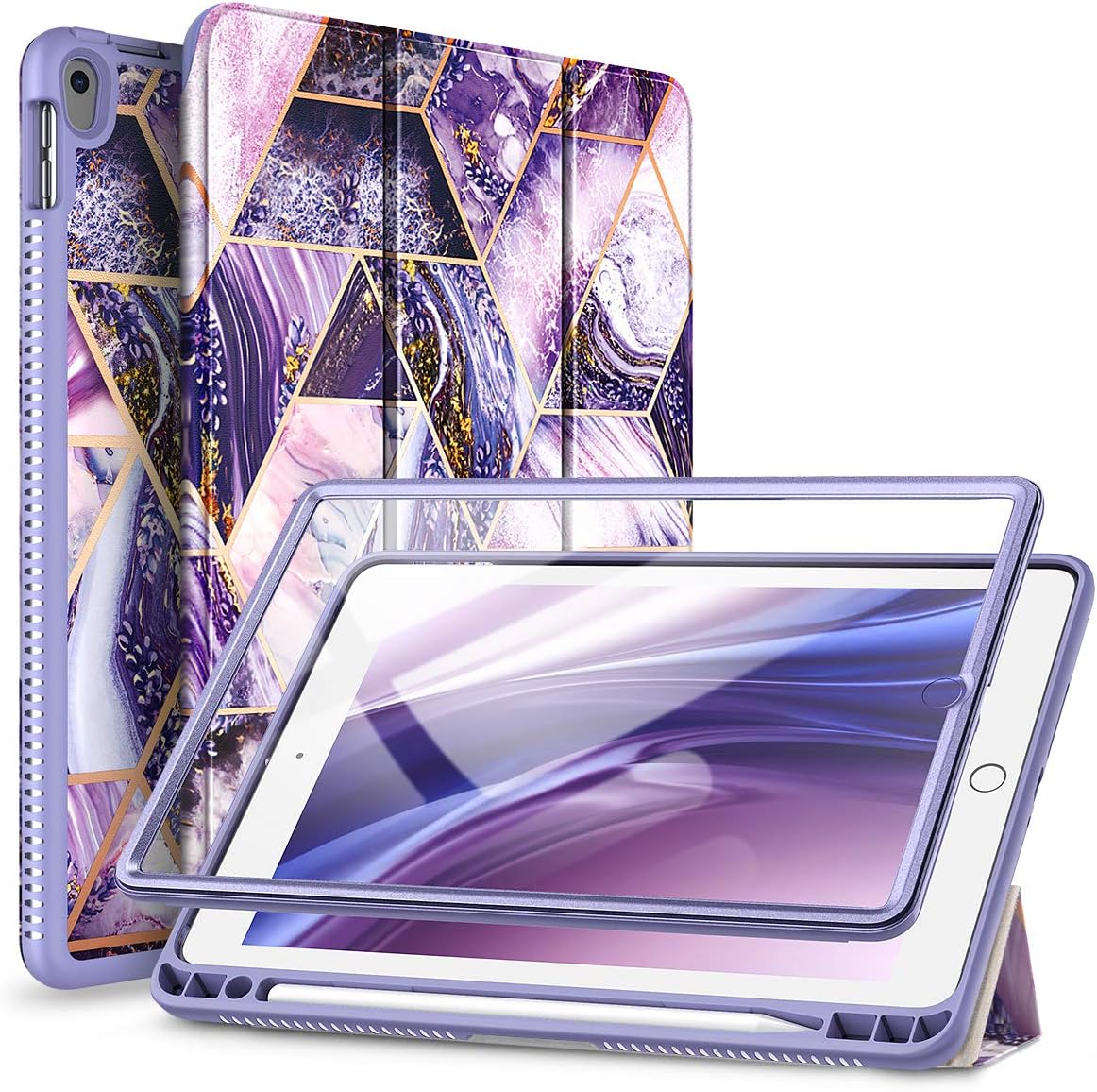 SURITCH Case for iPad Air 3 2019(3rd Gen)/iPad Pro 10.5 2017,[Built-in Screen Protector][Pencil Holder] Full Body Trifold Stand Protective Case Cover with Auto Wake/Sleep for Apple iPad-Purple Marble