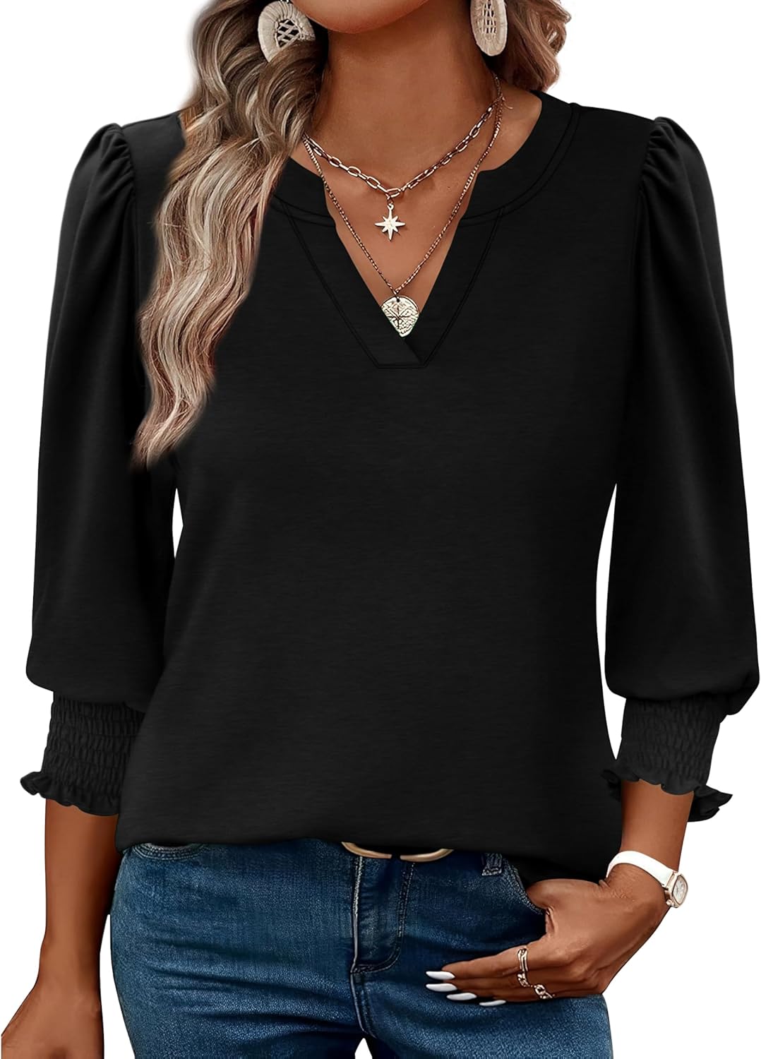 XIEERDUO Blouses for Women Dressy Casual 3/4 Length Sleeve Womens Tops V Neck T Shirts with Smocked Cuffs - Image 2