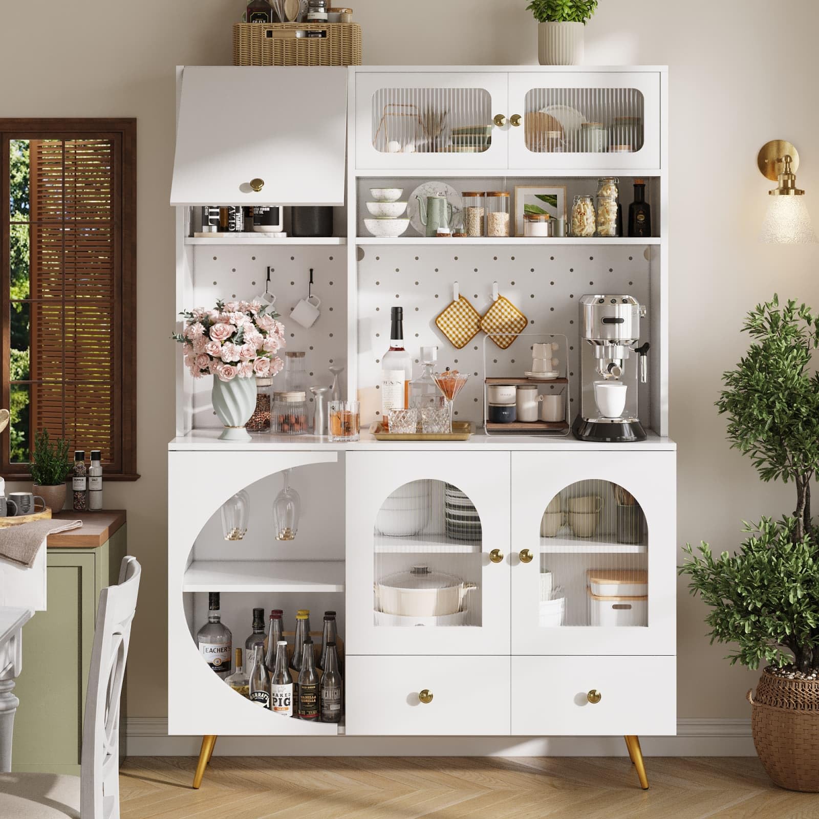 Buffet Haut de Cuisine,Armoire de Salon Moderne,Buffet Salle a Manger,Meuble de Rangemen avec Prises électriques et éclairage LED,120x40x176cm (Blanc-A)
