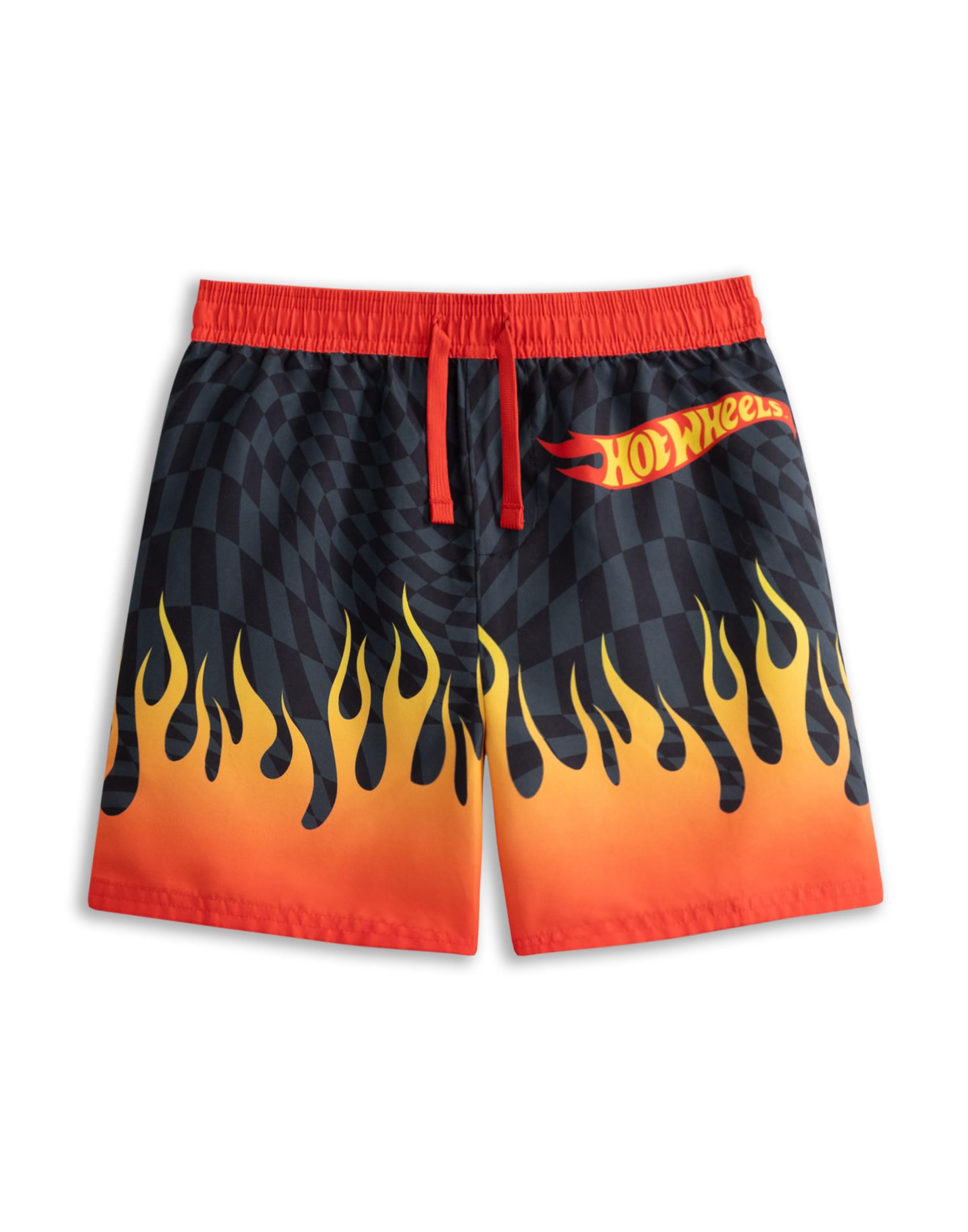 Hot Wheels Boys Black & Red Flame Swim Shorts | Graphic Beachwear with Elasticated Waistband & Drawstring | Checkered Pattern Swimming Trunks | Holiday Swimwear Merch - 9-10 Years