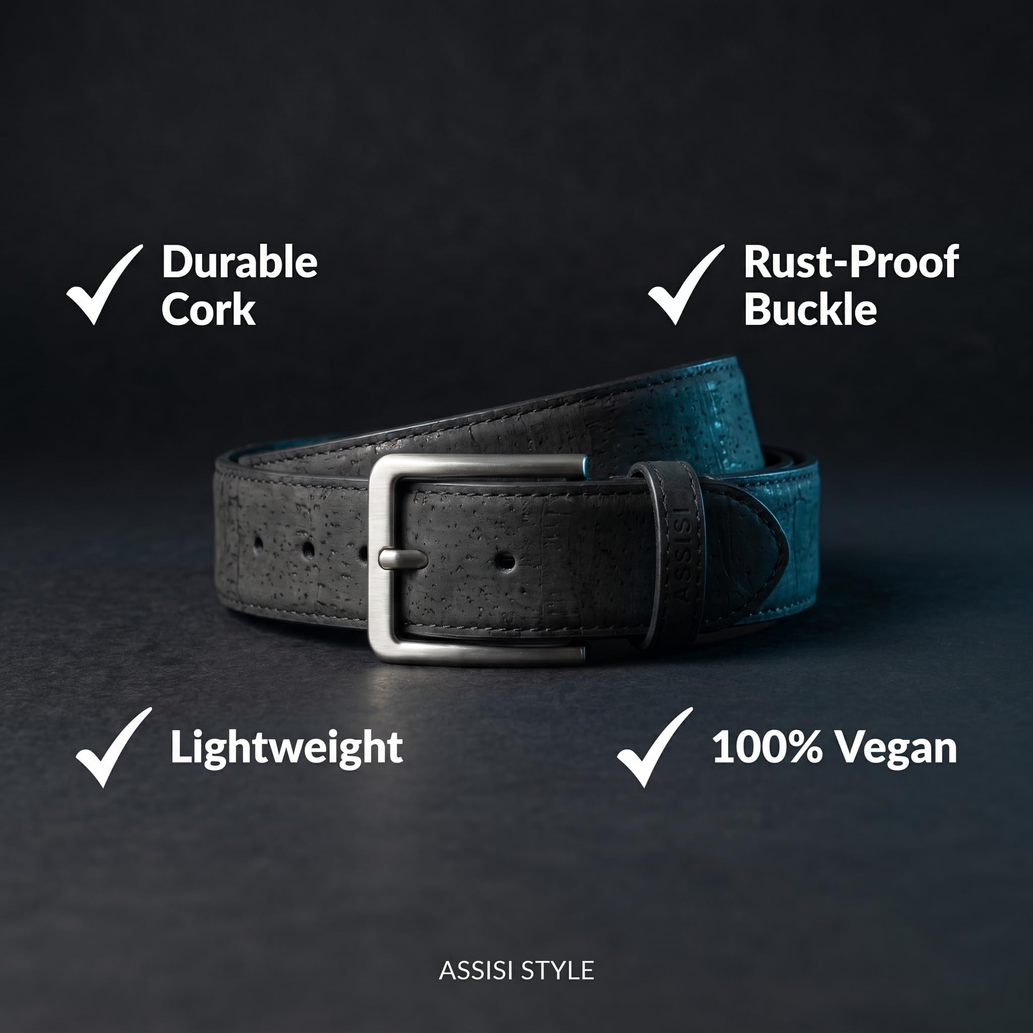 Schwarzer veganer Gürtel für Herren | Kork-Kunstledergürtel 38 mm breit | vegane Ledergürtel für Herren