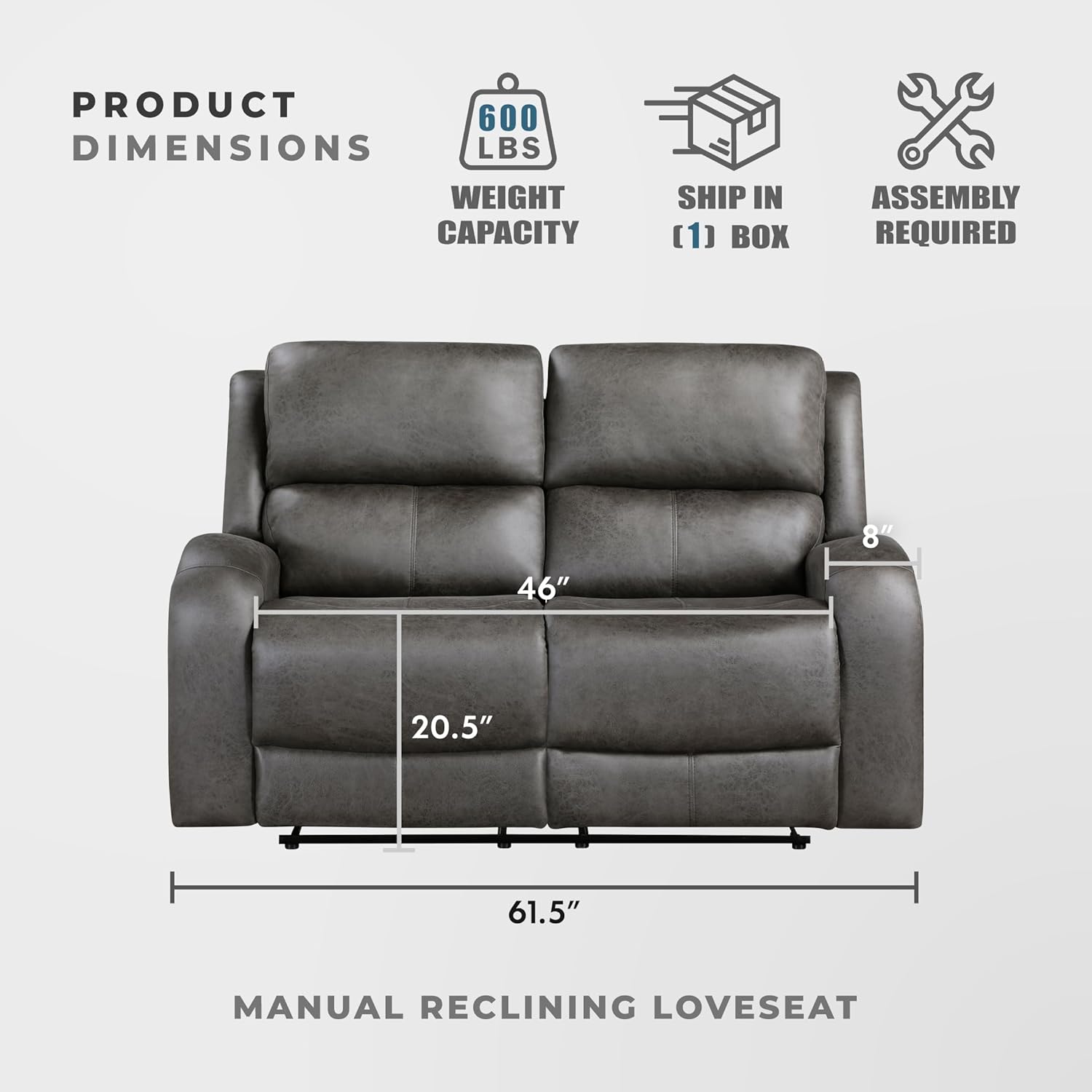 Lexicon 61.5'' Double Recliner Couch, Wall Hugger Sofa Recliners, Home Theater Seating Dual Reclining Couch, Love seat Recliner Manual Recliner Couches for Living Room/Bedroom/Office/Apartment, Grey