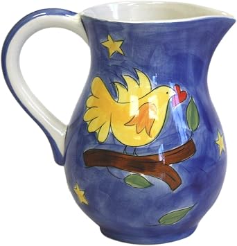 Hues & Brews 72 oz. Yellow Bird Ceramic Pitcher with Handle - 8.5" x 6" x 8.2"