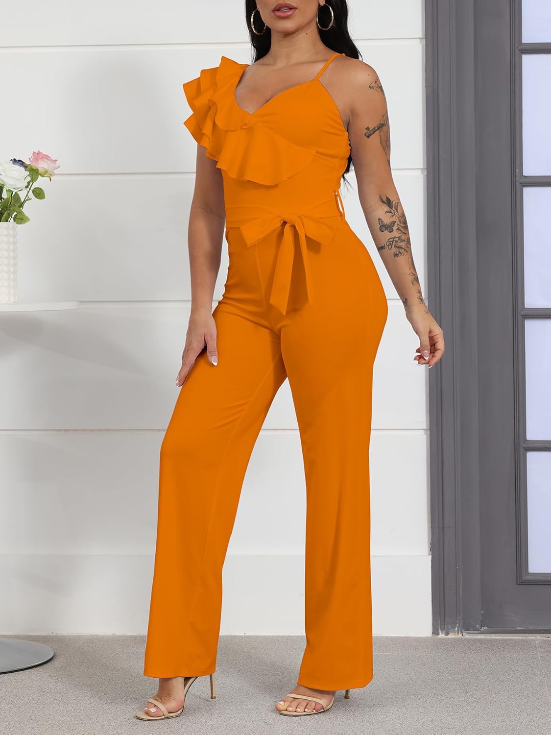 HBQ Womens Casual One Piece Jumpsuits V-Neck Sleeveless Ruffle Backless Belted Elegant Romper Wide Leg Pant Sexy Party Clubwear Overalls-Orange-S - Image 2