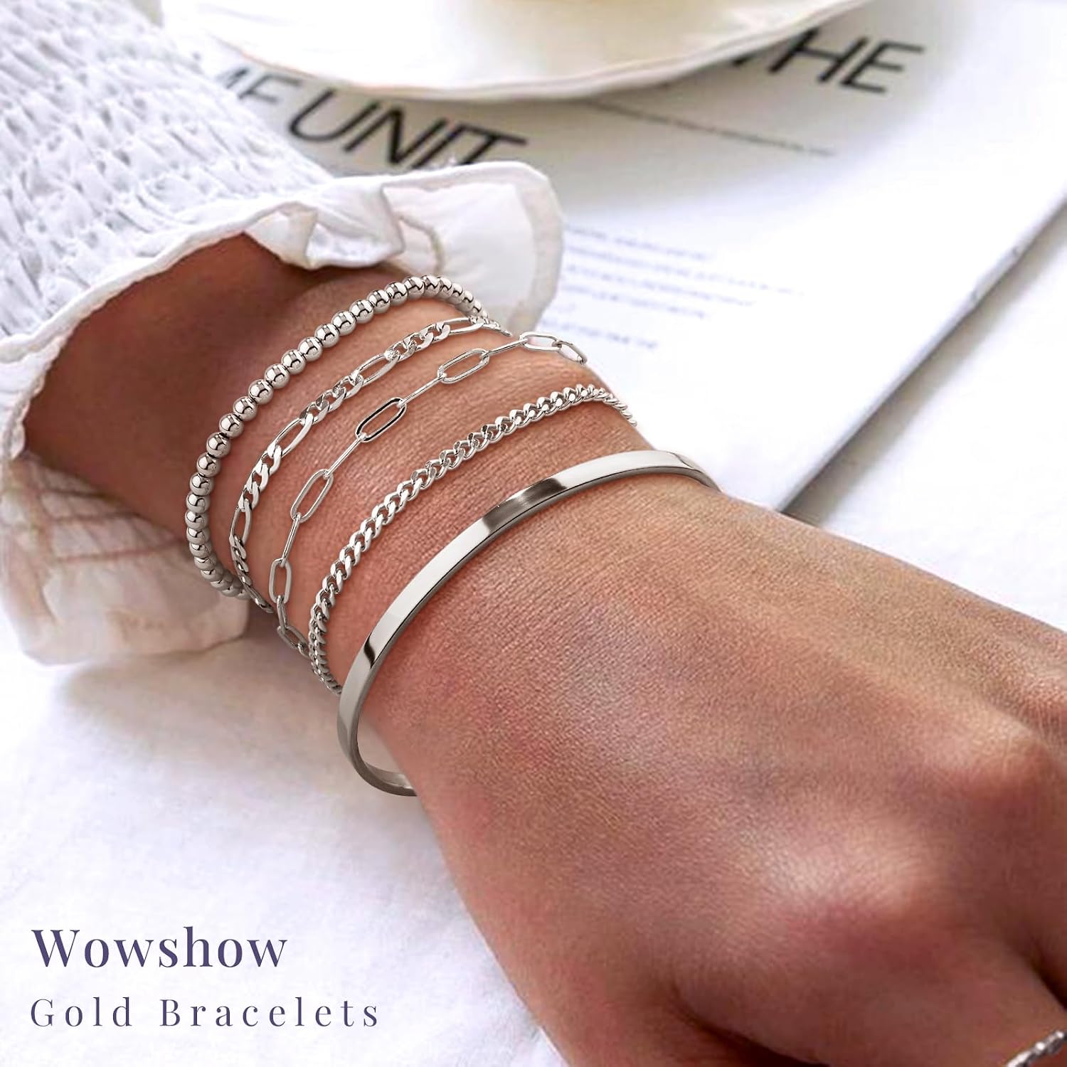 Wowshow Silver Bracelets for Women Bracelet Stack Set 14K Real Gold Plated Link Charm Bracelet Dainty Link Chain Stackable Charm Bracelets Adjustable Bangle Cuff Bracelet Pack Jewelry Gifts for Women 6.8 Inch
