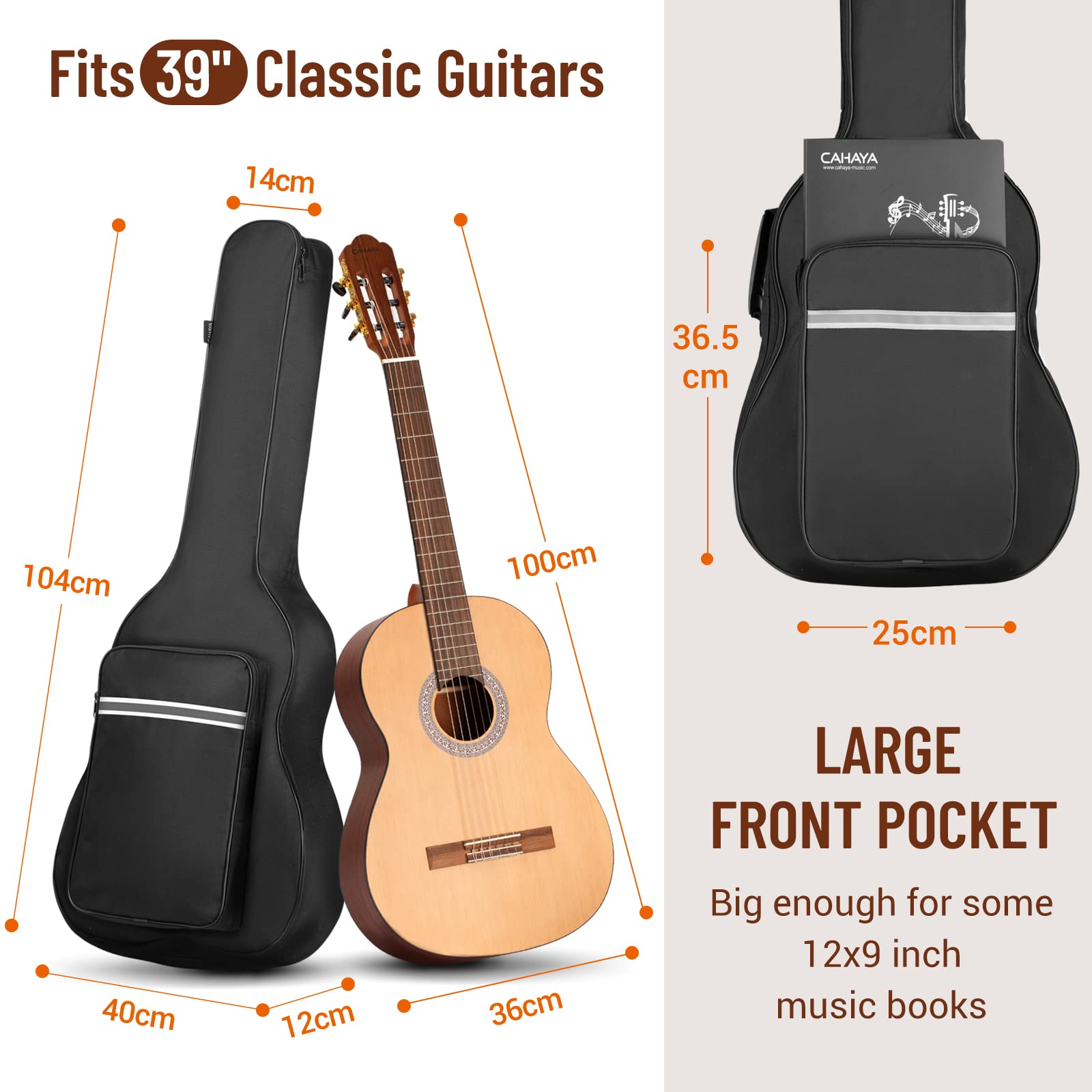 CAHAYA Custodia per chitarra classica da 39 pollici, custodia morbida con imbottitura spessa 6 mm, zaino per chitarra con grande tasca bande riflettenti modello CY0288, Nero, Classical Guitar Bag 39