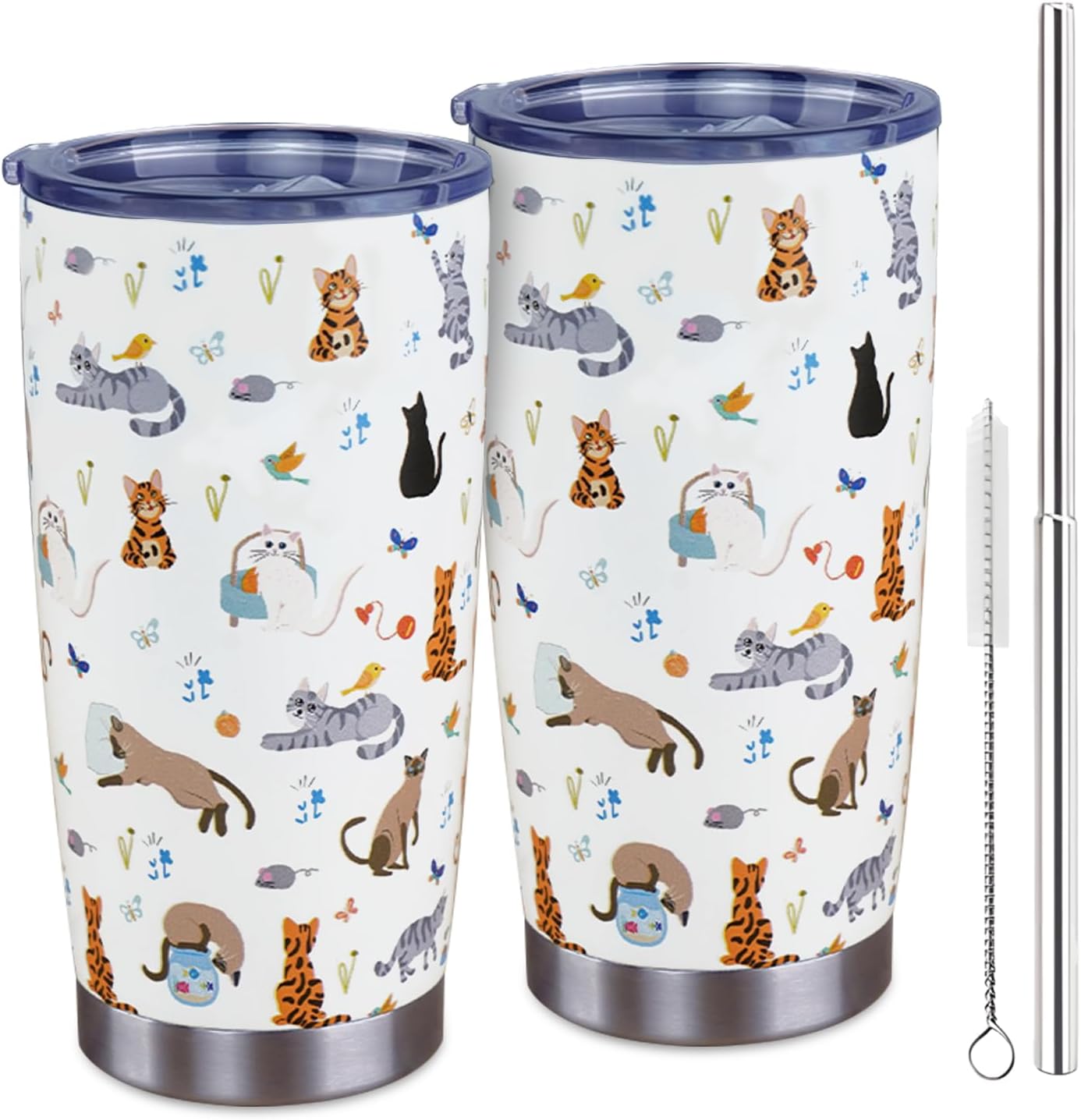 20oz Vacuum Insulated Cat Tumbler with Lid and Straw,Reusable Stainless Steel Cute Cats Coffee Mug, Cat Gifts for Women,Man,Friends