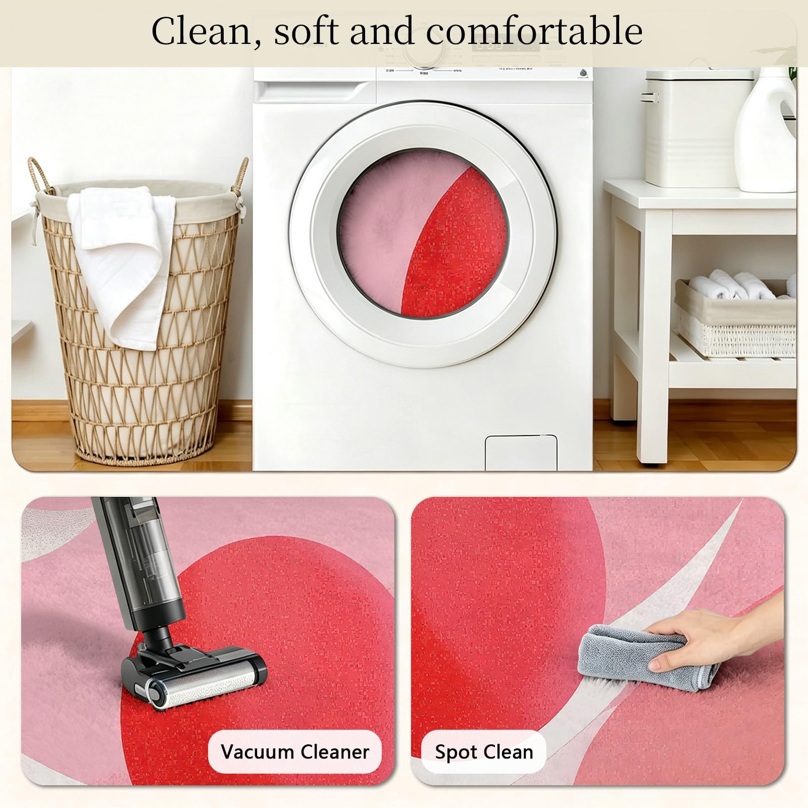 Tapis Salon Rond Rose 200 cm, Géométrique Minimaliste Lavable en Machine et Antidérapant Moquette, Extra Doux Tapis Lune Soleil Rouge Demi-Cercles pour Chambre à Coucher, Salle à Manger, Salle de jeux