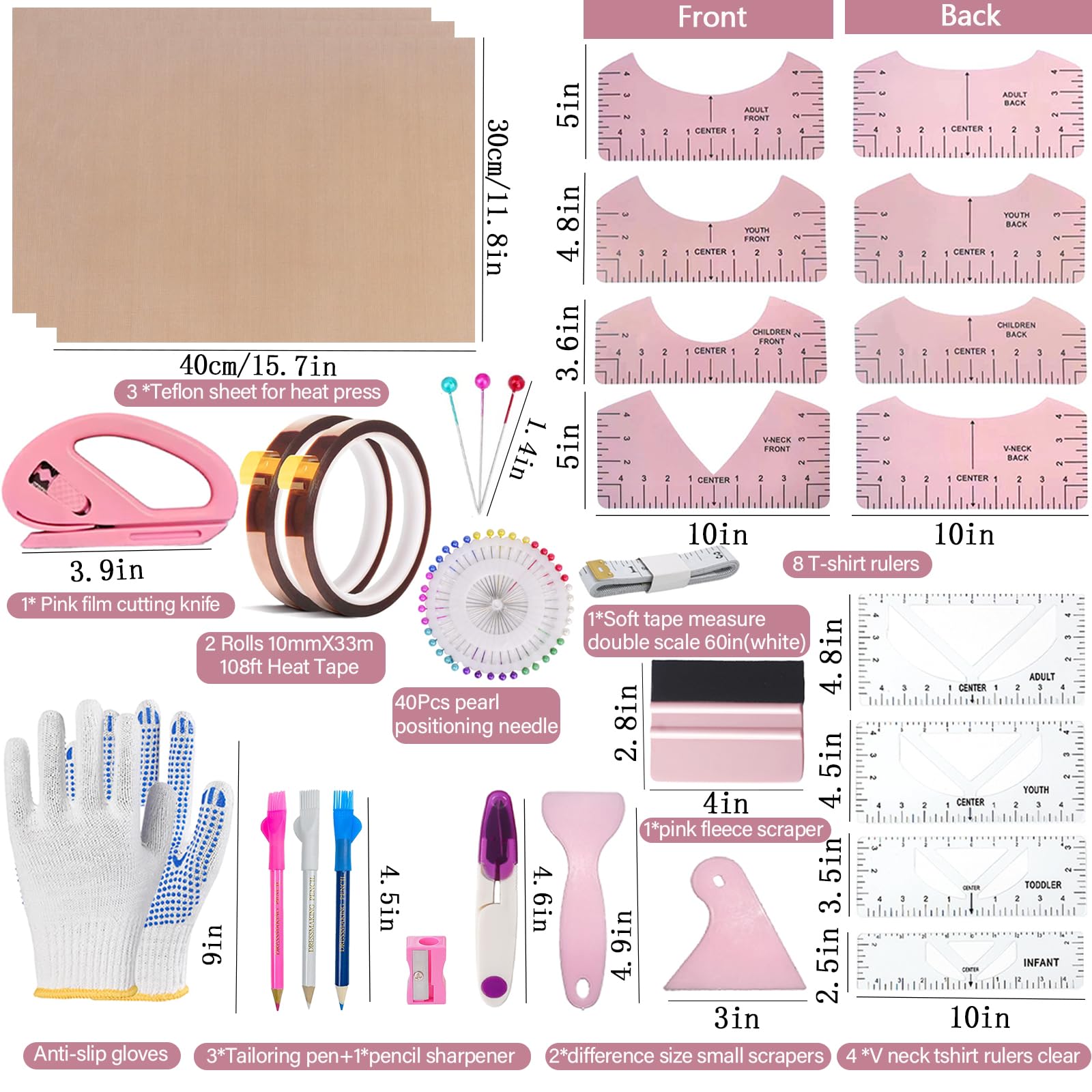 Set di 68 Pezzi Fogli di Teflon per Maglietta,12 Guida del Righello Della Maglietta T-Shirt 3 Fogli di Teflon per Pressa a Caldo 2 Nastro Resistente al Calore per Accessori da Cucito Sublimazione
