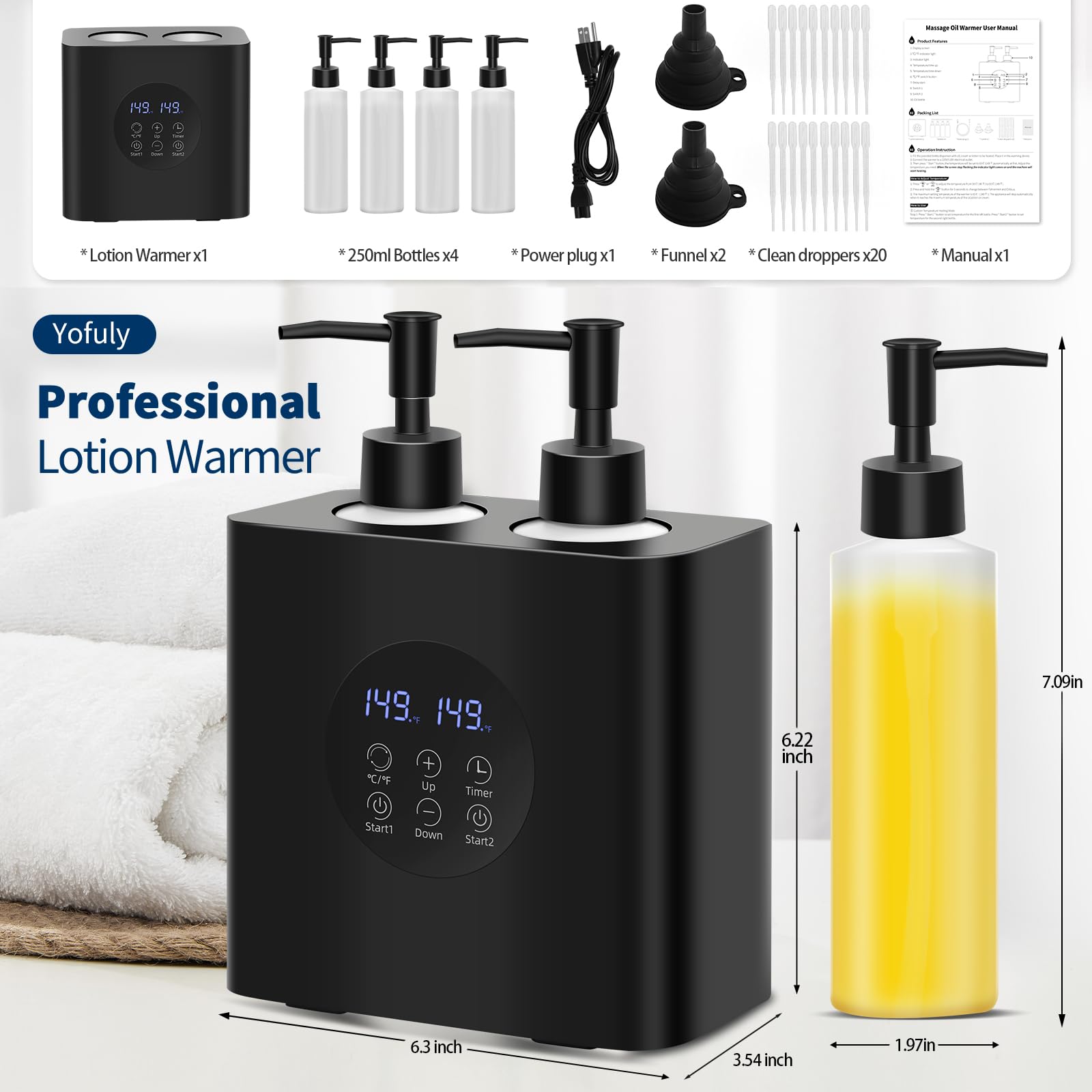Yofuly - Scaldaolio da massaggio per massaggi, riscaldatore elettrico per olio da massaggio con quattro bottiglie di olio, scaldino crema portatile, dispenser riscaldato per spa, salone e uso