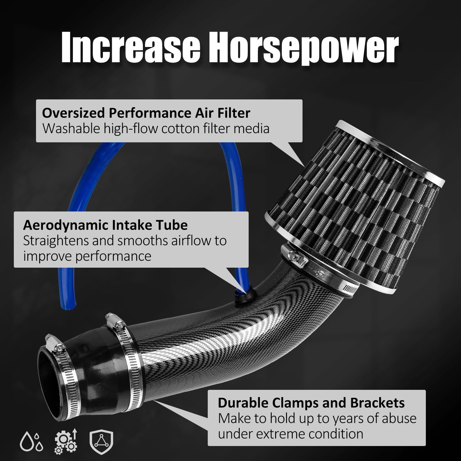 Catekro 76mm Toma de Aire Frío, Filtro Cónico Universal con Tubería de Aluminio Sistema de Admisión de Aire para Aumentar Potencia y Mejorar Sonido del Motor Filtro Reutilizable para Coche (Negro)