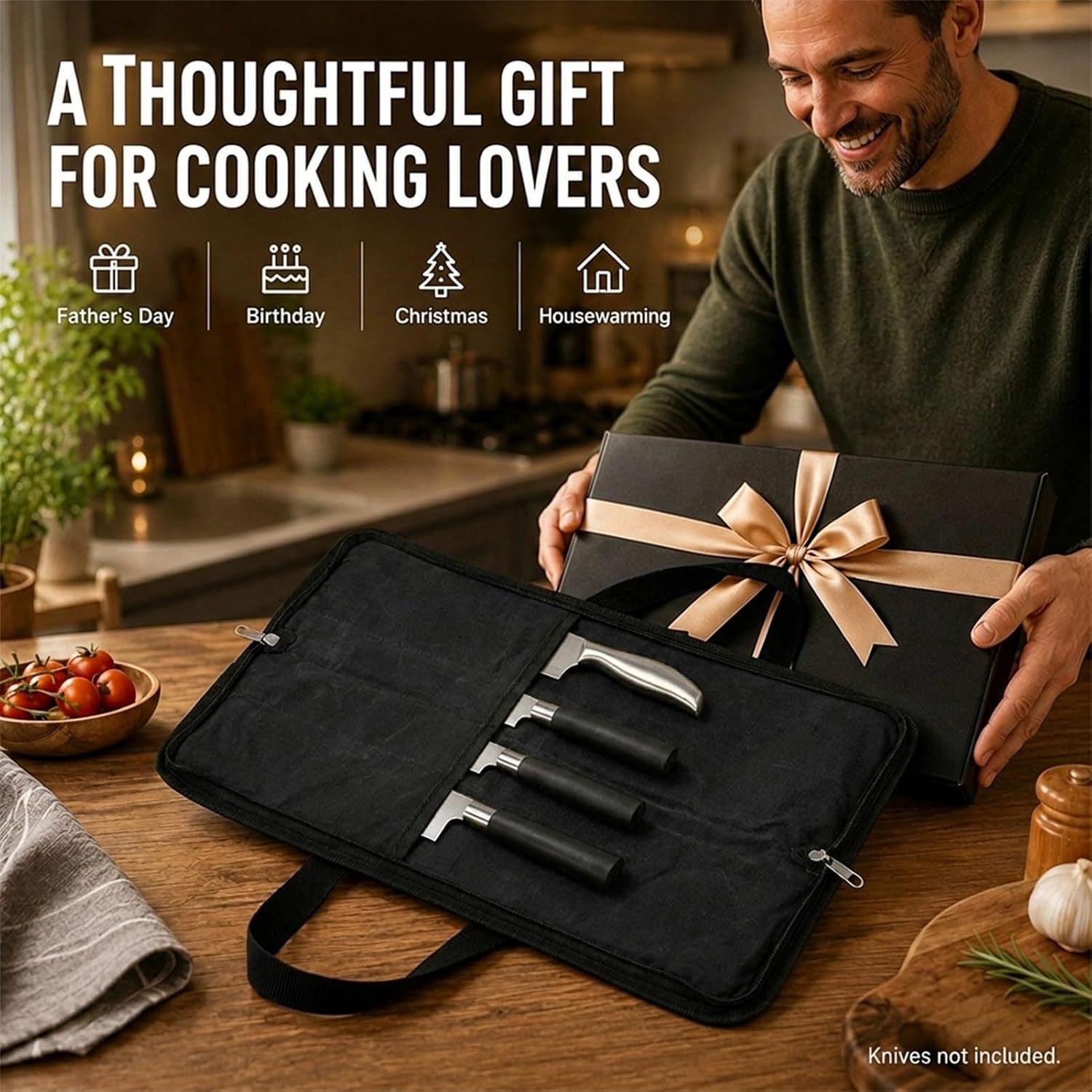 Knife Roll,Heavy Duty Knife Bag,Waxed Canvas knife Case with 4 Slots for Knives & Kitchen Tools,Chef Knife Bag with Handle.Portable Knife Roll Bag for Stroage Home Traveling Camping.Case Knives Pouch