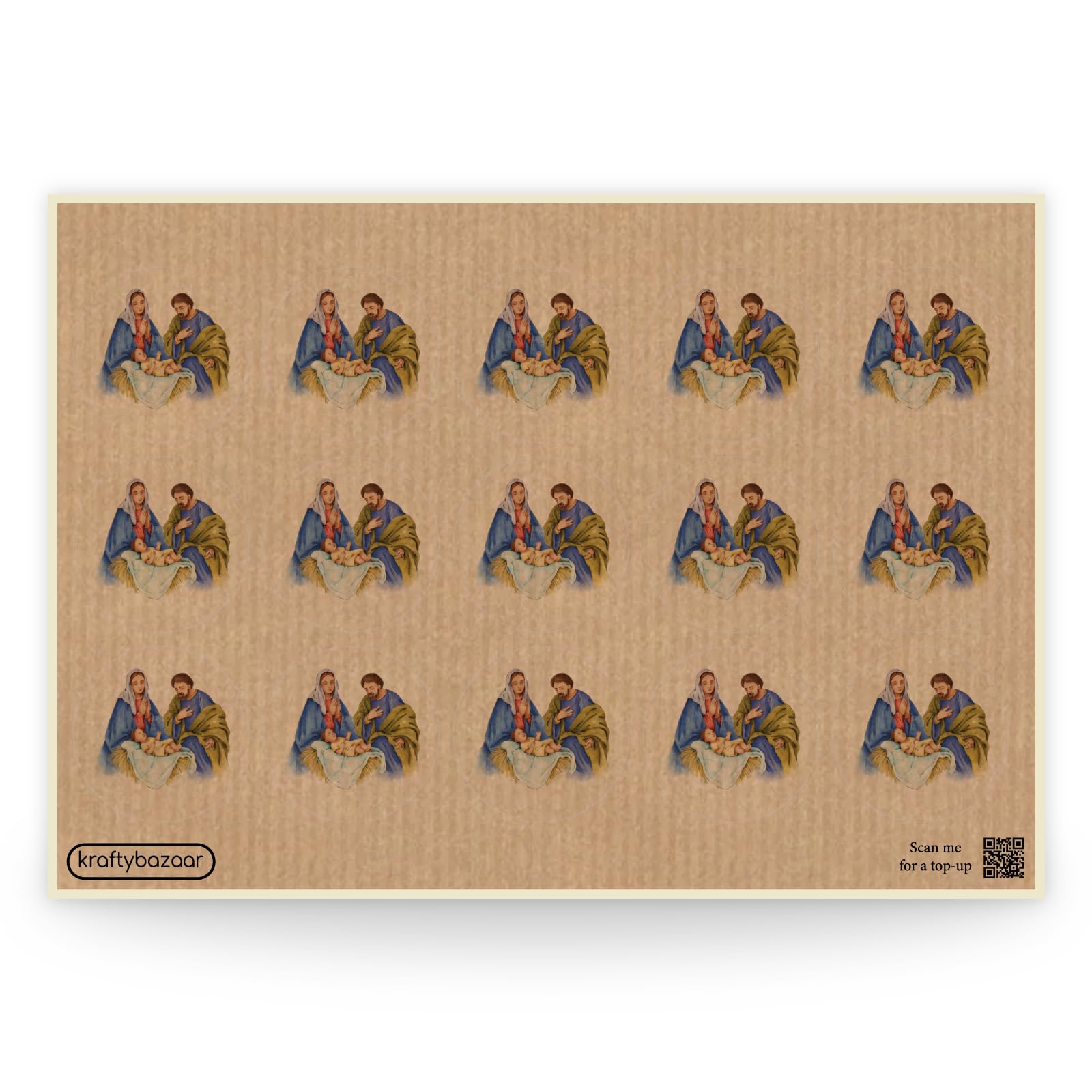 Pack of 450 Watercolour Christmas Nativity Scene Kraft Paper Labels - 37mm Round Self-Adhesive Nativity Stickers - Multipack Festive Stationery Craft Decor Vintage Christmas Labels