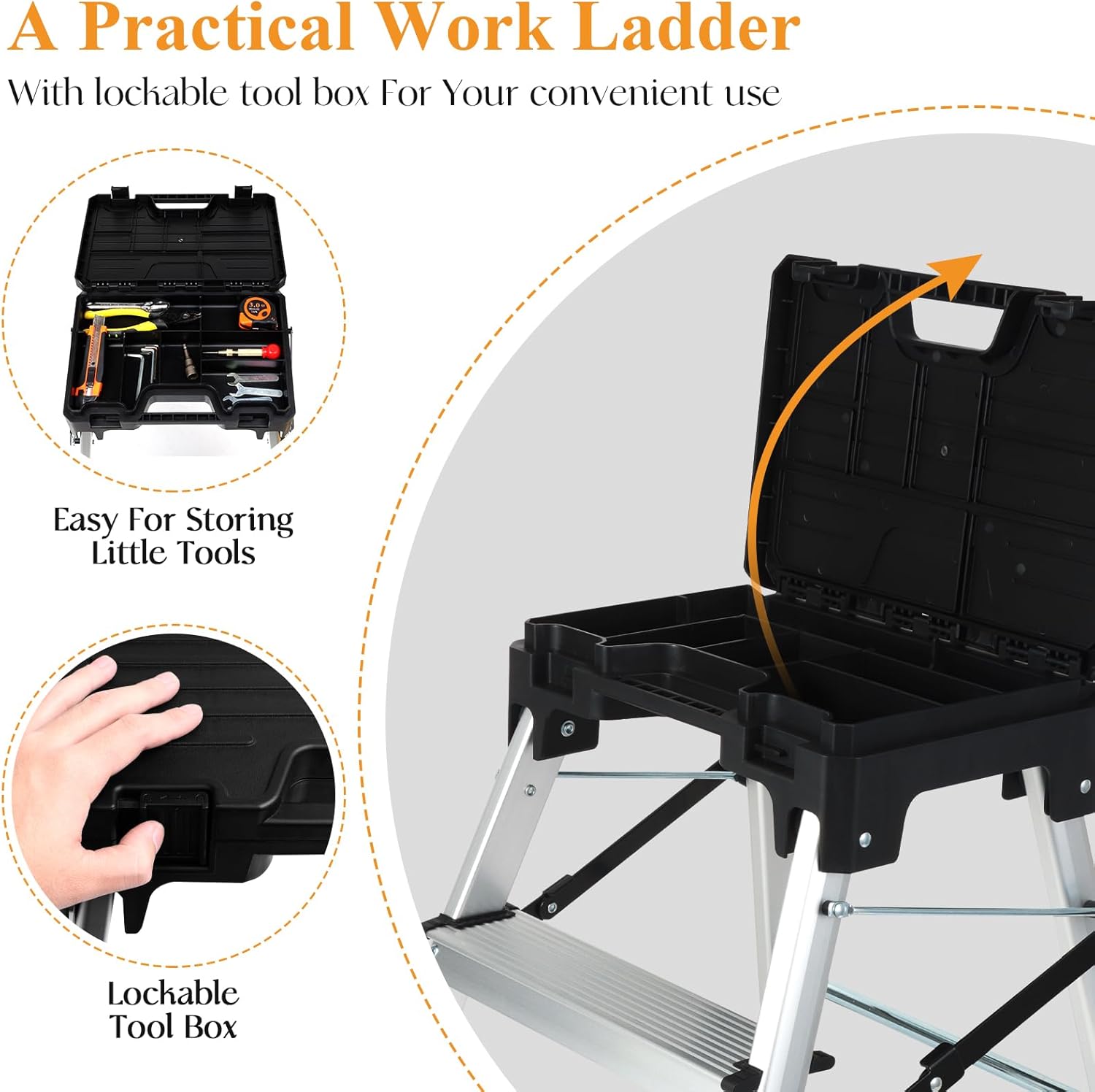 Two Step Ladder, Folding Aluminum Step Stool with Wide Pedal & Built-in Tool Box, 330 lbs Capacity Sturdy&Portable 2 Step Ladder for Home Kitchen, Bedroom, Office, Library, Workplace
