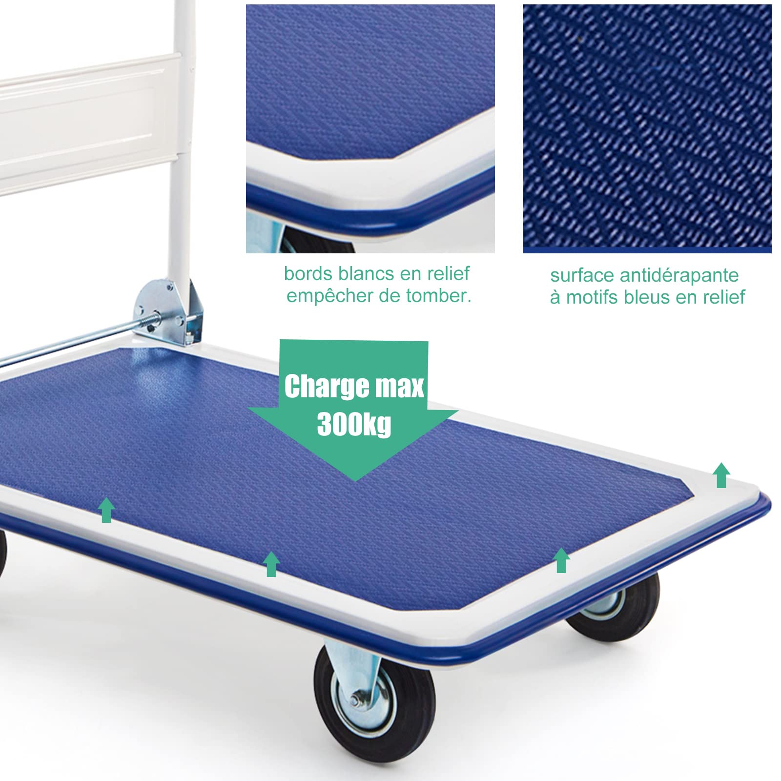 RELAX4LIFE Chariot de Transport Pliable en Fer Charge 300KG avec Plateau Antidérapant, Chariot Design Compact à 4 roulettes en PU, 60 x 90 x 88 cm pour Déménagement Logistique Manutention Silencieuse