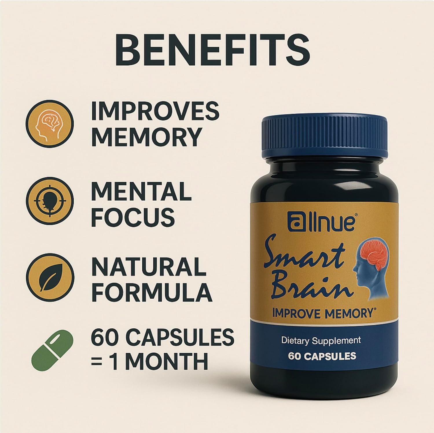 Smart Brain – Memory & Focus Supplement with Ginkgo Biloba, Bacopa, Vitamin B6 – Natural Formula, Caffeine-Free, 60 Capsules – Brain Support for Adults