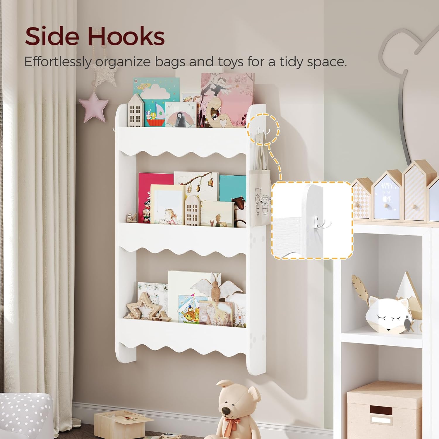 MAHANCRIS Kids Bookshelf, 3-Tier Wall Mounted Bookshelf, Wooden Behind The Door Book Storage, Hanging Book Shelf for Kids Room, Playroom, Bedroom, Nursery, White KBWT8701