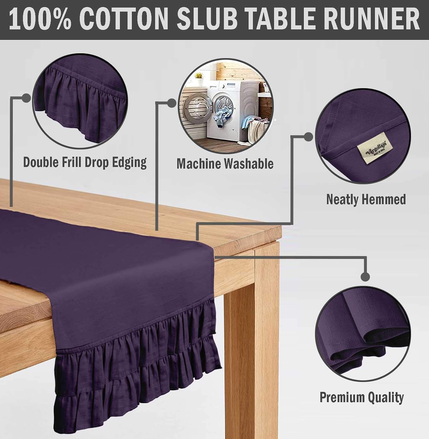 Purple Home Decor Cotton Slub Fabric Solid Double Frill Table Runner Table Decor-14 x 108 Inch