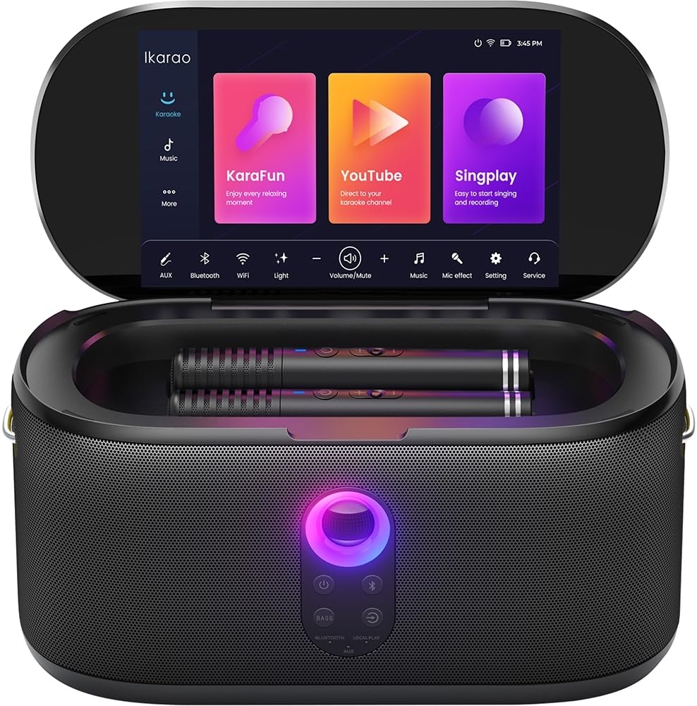 Ikarao Shell S1 Professioneller Karaoke-Lautsprecher mit 10,1 Zoll Touchscreen, 2 wiederaufladbare kabellose Mikrofone, kraftvoller Sound 280W, KaraFun Prime und tragbar für Partys