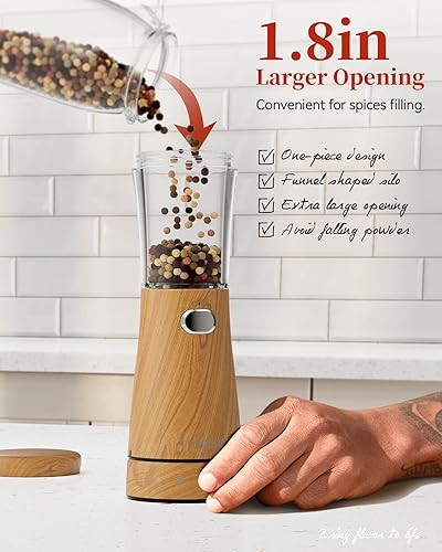 Miniatura 5 de Juego de molinillo eléctrico de sal y pimienta, gran capacidad de 4.5 onzas, diseño de acero inoxidable y madera con grosor ajustable y luz LED,
