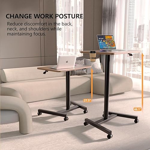 Miniatura 6 de Escritorio móvil de pie de 28 pulgadas, estaciones de trabajo para computadora con soporte para tazas, escritorio de pie portátil con ruedas