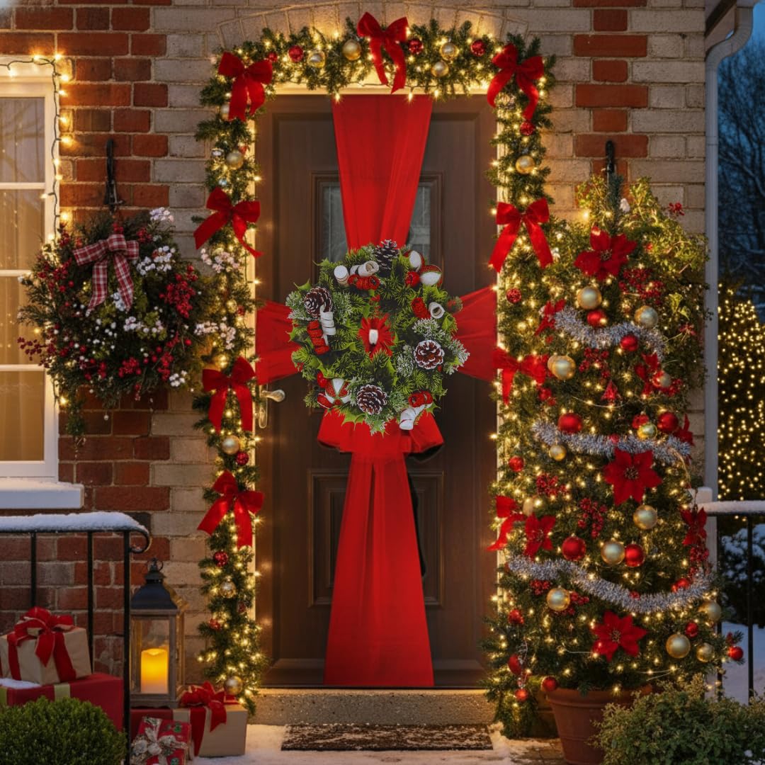 I LOVE FANCY DRESS Nœud de porte de Noël rouge et couronne de Noël de 45,7 cm – Grand nœud en ruban rouge pour porte d'entrée, armoires et cadeaux – Nœud festif pour sapin/couronne et décoration