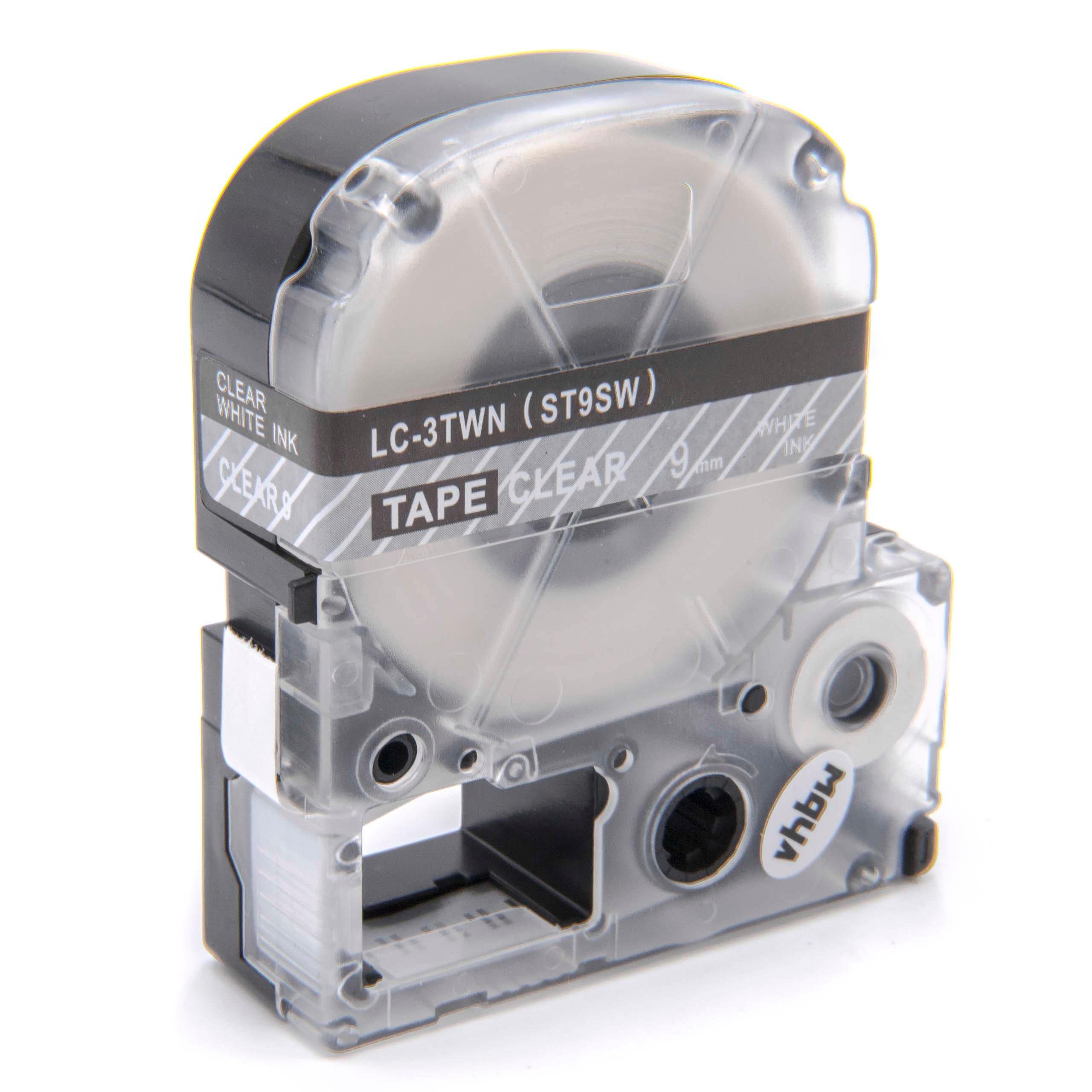 vhbw Label Tape Compatible with Epson OK200, LW-400, LW-300, LW-900P, LW-500, LM-700 Label Printer 8m x 9 mm, White on Transparent