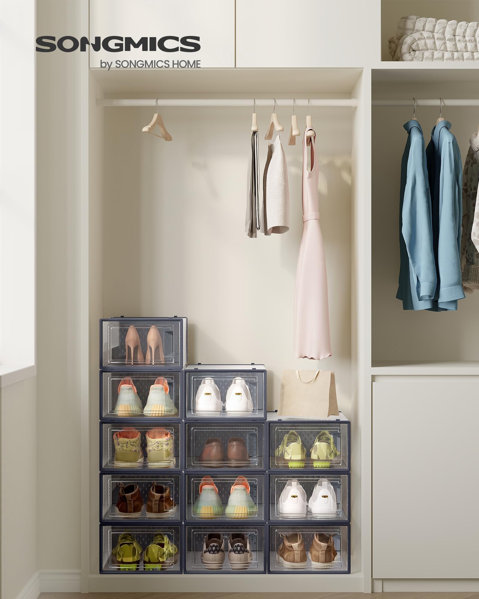 SONGMICS Lot De 12 Boîtes à Chaussures Transparentes Blanches - Rangement Empilable Jusqu'à Pointure 44, Idéal Placard & Entrée