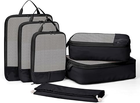 Narwey 6 Set Compression Packing Cubes for Travel, Lightweight Expandable Luggage Organizer Bags, Durable Space Saver Bags Black