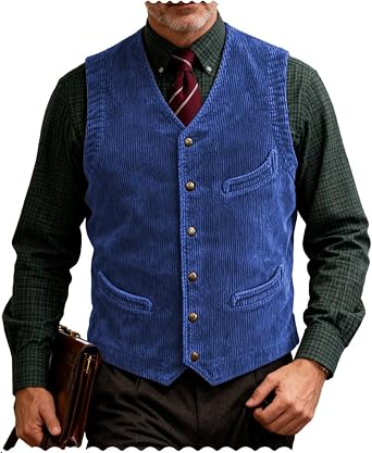 Mens Corduroy Vest Vintage Western Cowboy Waistcoat with Pockets for Casual Formal Business Outfits