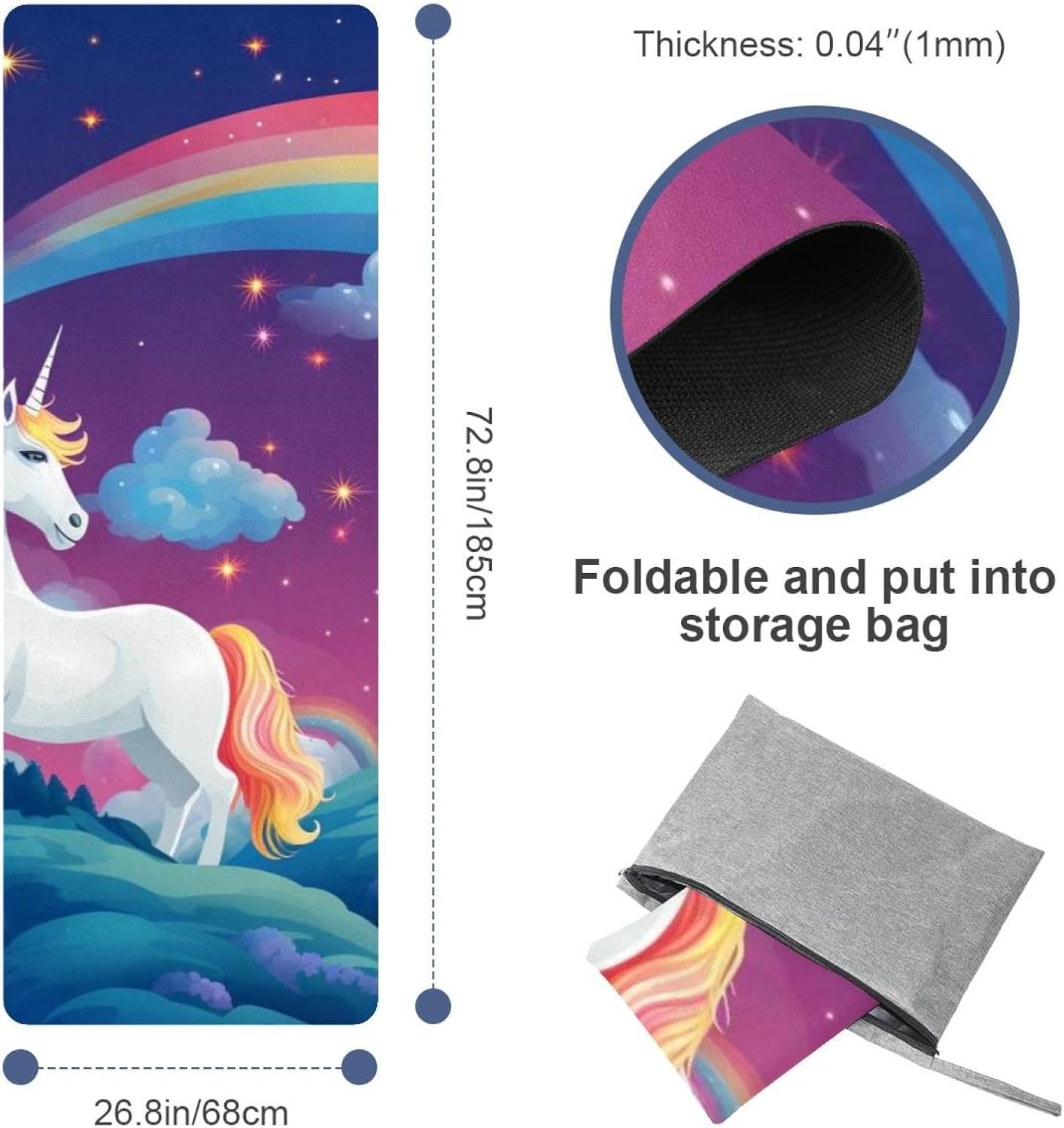 Yoga Towel, Rainbow Unicorn Pattern Non Slip Sweat Absorbent Hot Yoga Mat Towel for Hot Yoga, Pilates and Fitness - 72.8" x 26.8"