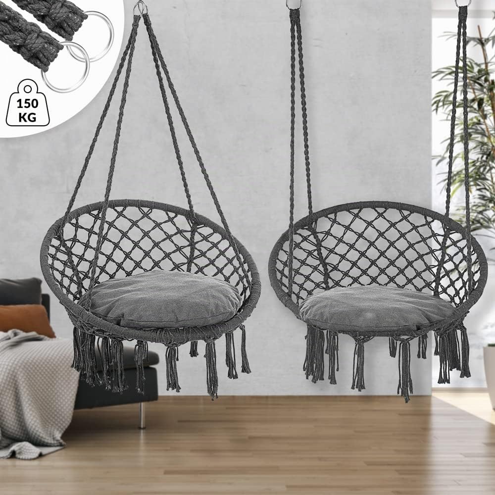 DETEX® Fauteuil Suspendu avec Coussins Anthracite hamac extérieur Chaise Suspendue balancelle Relax Jardin capacité 150 kg Fauteuil de Lecture