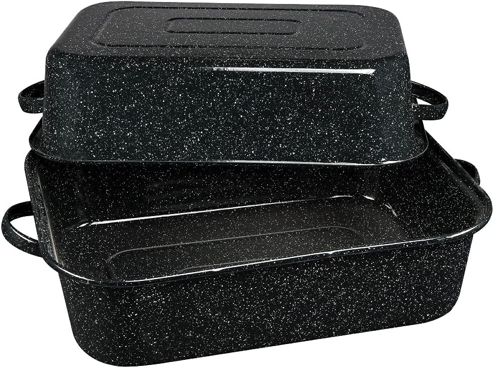 Granite Ware 19-Inch Covered Rectangular Roaster - Enamel Steel Cookware, Nonstick & Chemical-Free, Dishwasher Safe - 25 Lb Capacity, Large Roasting Pan for Meats, Poultry, Vegetables (Speckled Black)