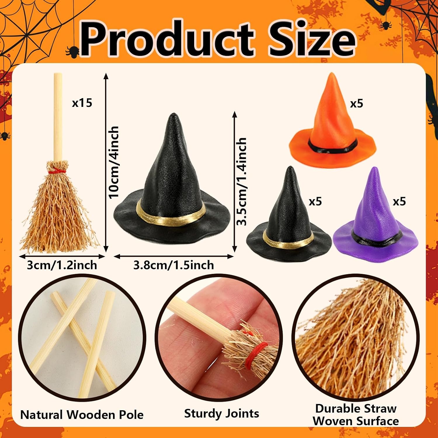 30 Pcs Mini Witch Hats with Mini Brooms for Halloween Craft