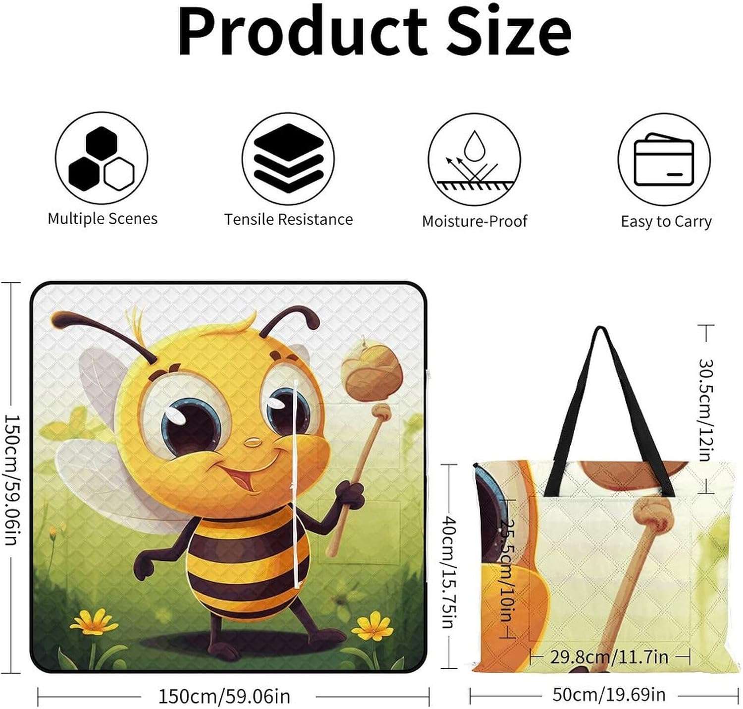 Honey Beem Picnic Blanket with Zipper Water Resistant Sand Free Picnic Mat Washable Foldable Easy Carry Beach Blanket for Lawn Beach Hiking Camping