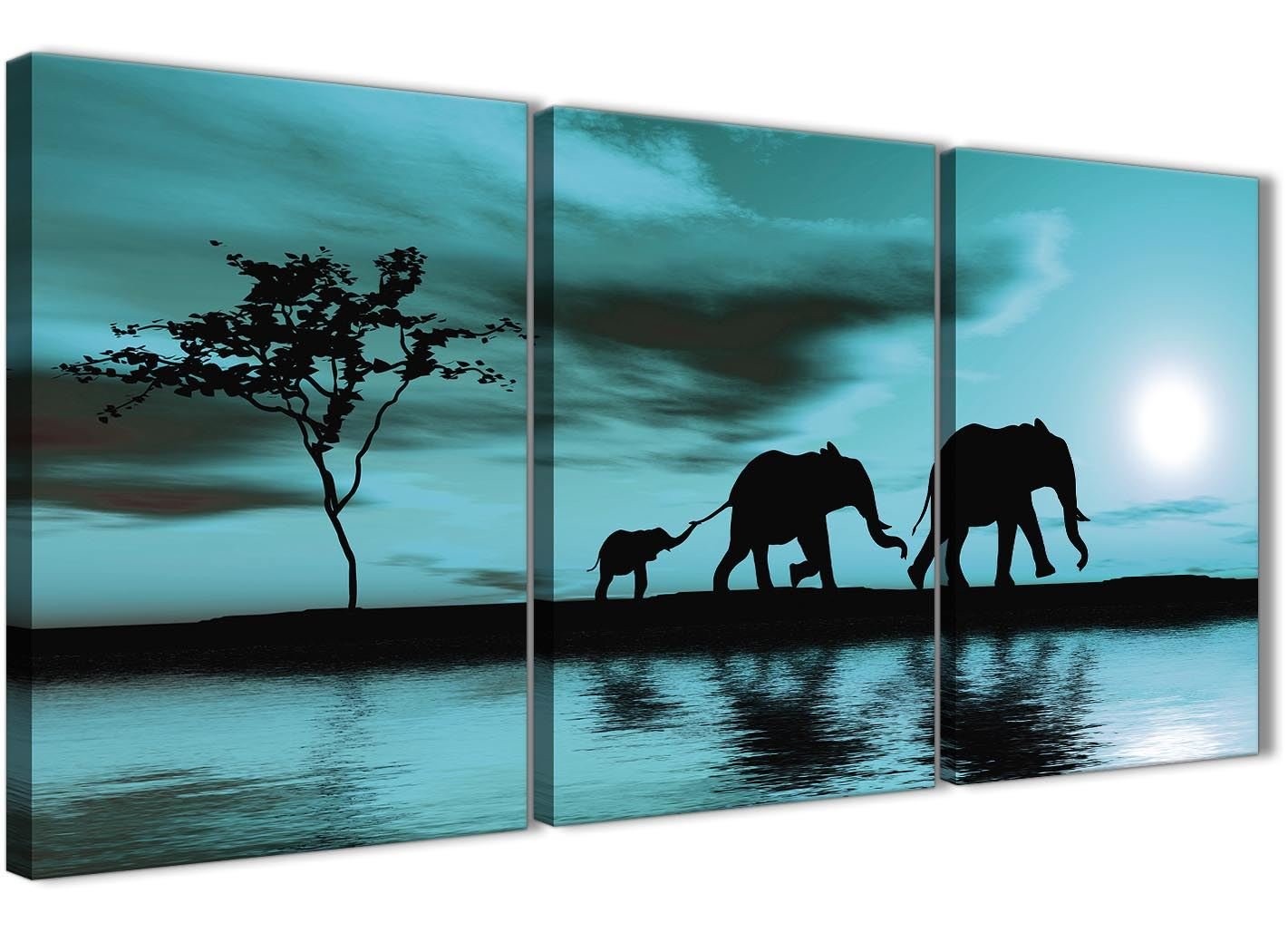 Wallfillers Teal African Sunset Elephants Canvas Wall Art Print - Multi Set of 3-125cm Wide - 3362