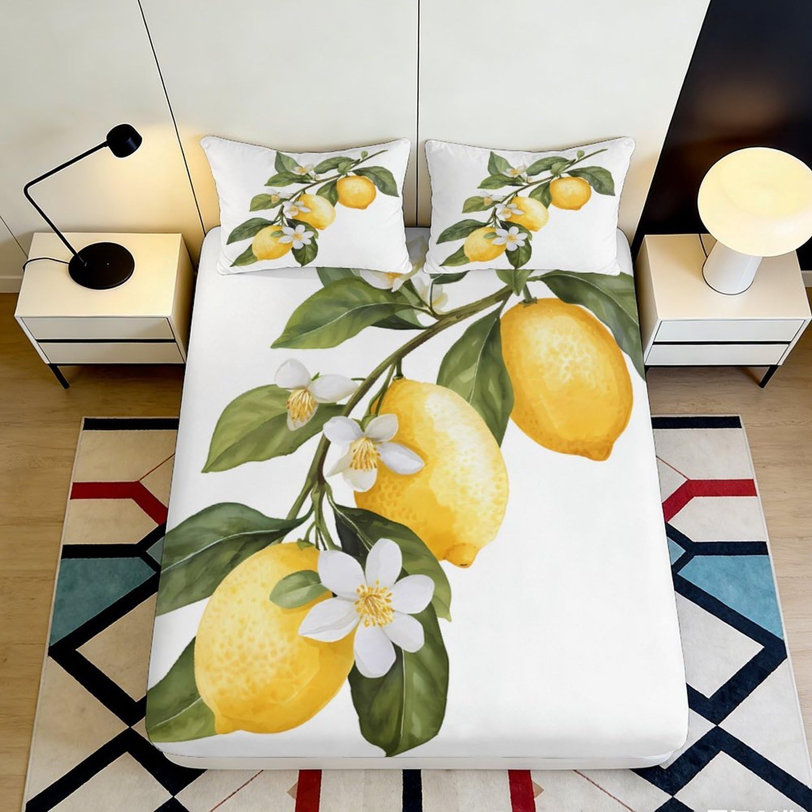 3D Printed Lemon Pattern Fitted Sheet Microfiber Soft Breathable Citrus Branch Bed Cover for Bedroom Dormitory Guest Room Mattress Protection 120x200x25cm