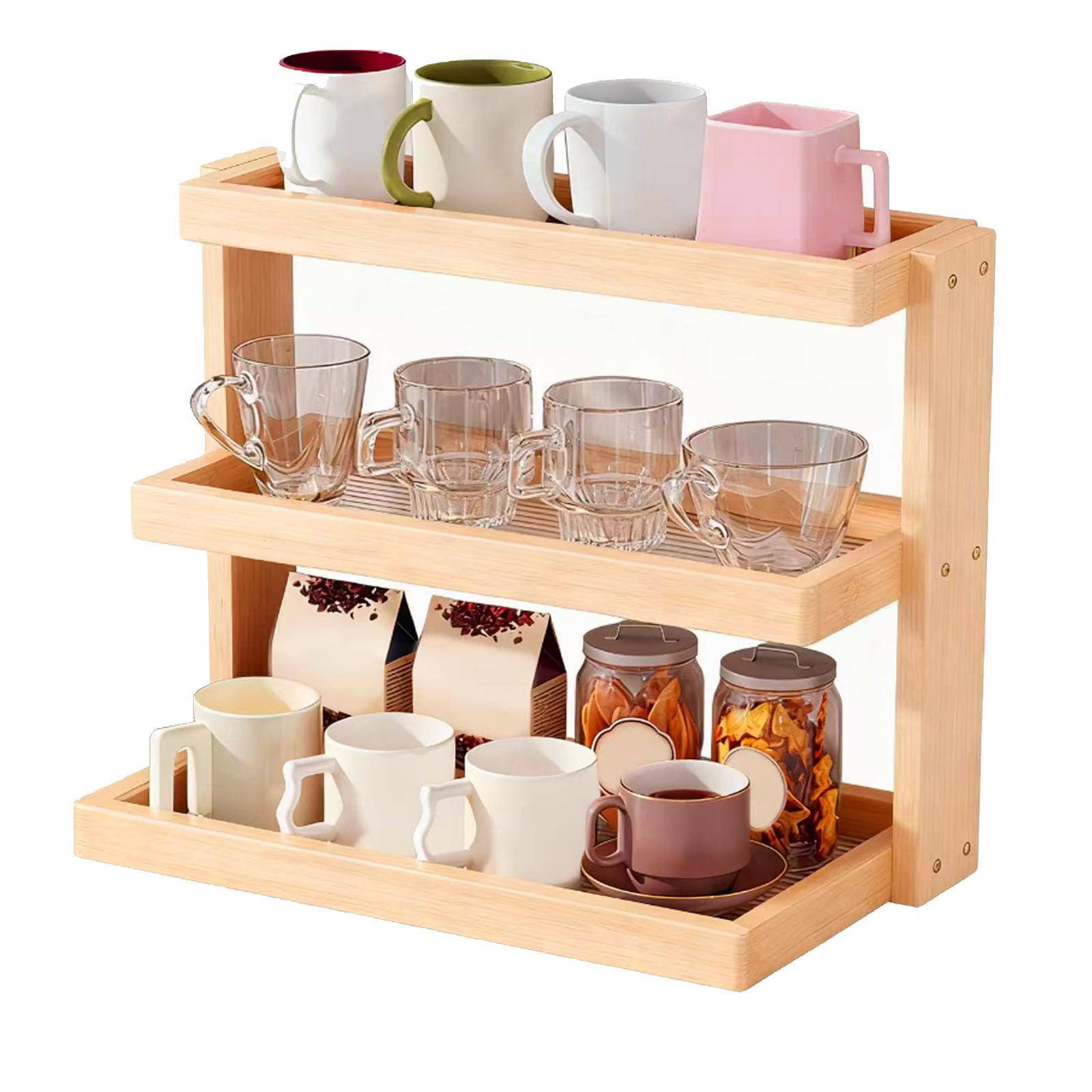 Uck-Kit Walnut Coffee Station Organizer, Wooden Mug Holder Countertop, Kitchen Counter Shelf For Tea Coffee Bar Accessories, Matcha Stand, Cup Display, Condiment Storage Rack,,3*Tier