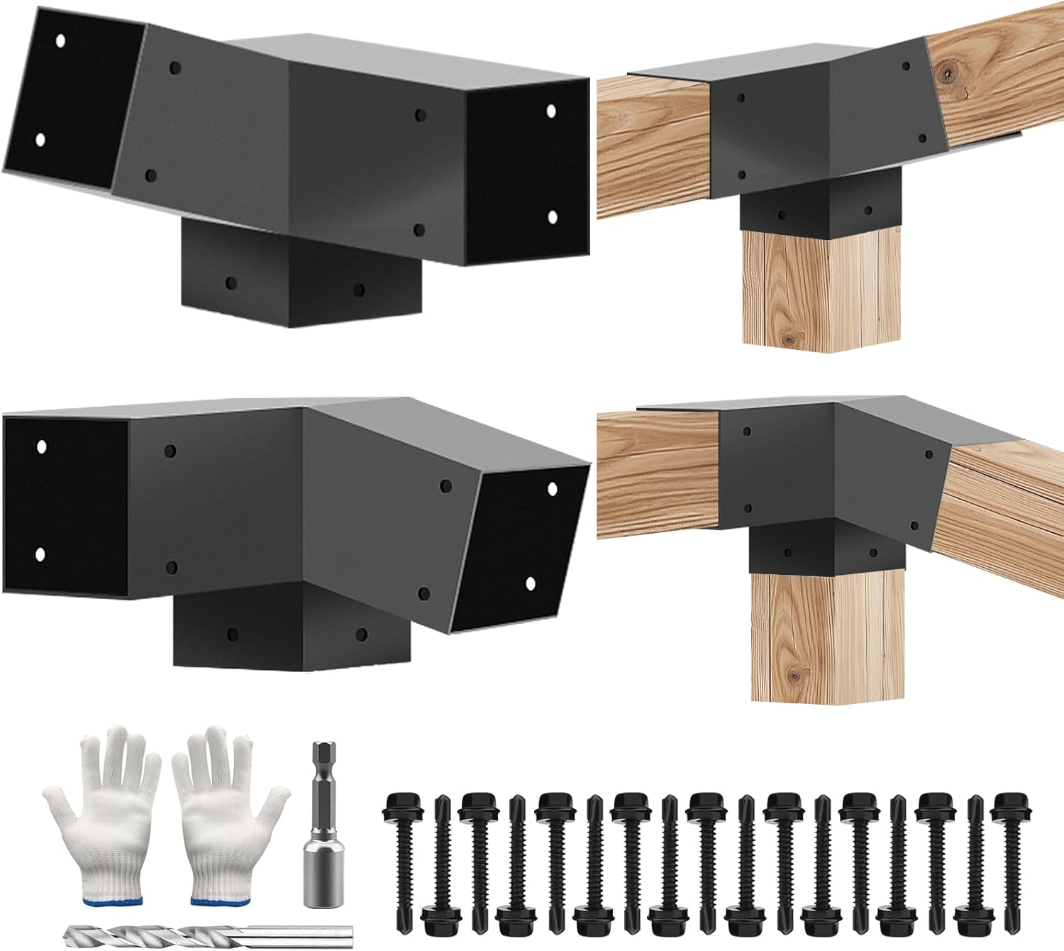 15 Degree & 75 Degree 3-Way Pergola Bracket kit,4" x 4" (Actual: 3.5" x3.5'') Right Angle Corner Woodwork Brackets for Wood Beam Support for Outdoor Gazebos,Patio Pergolas,Log Cabins - 4Pack