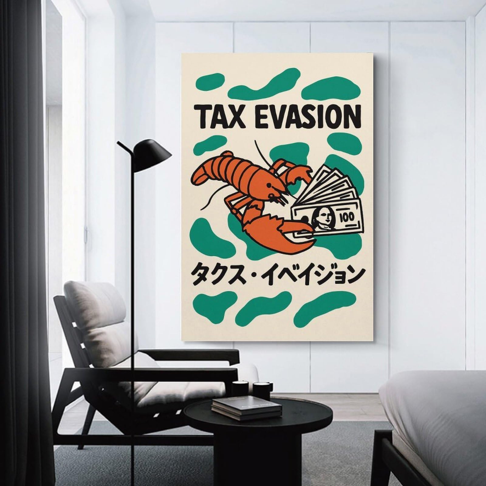 Junmoney Tax Evasion Lobster Japanese Home Decor Wall Art, 08x12inch(20x30cm), for Calm Bedrooms, Home Corners Or Flats, Canvas Wall Decor for Personal Spaces