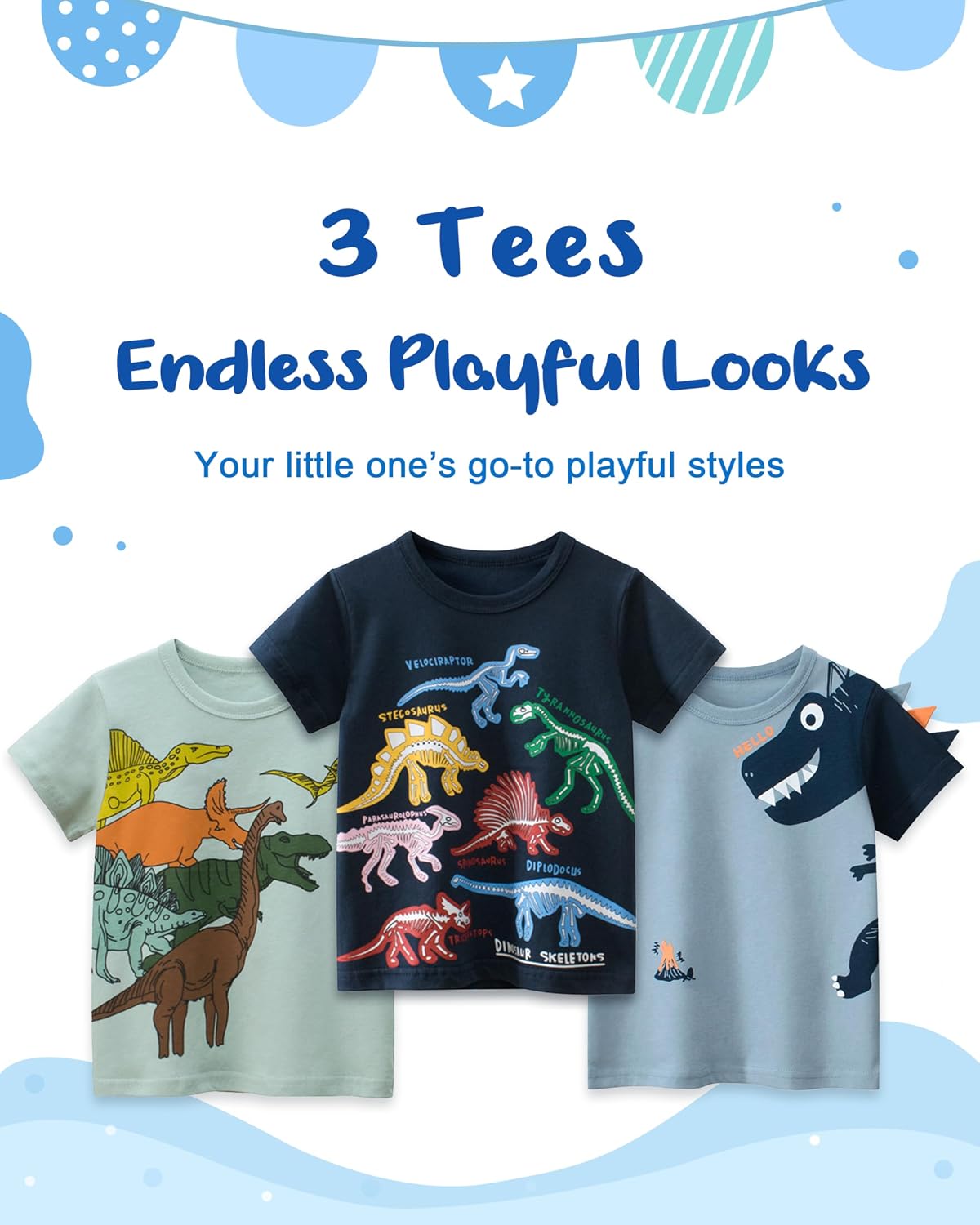 BeiVSlley Toddler Boy Shirts 3-Pack, Boys Summer Clothes, Short Sleeve Dinosaur Excavator Graphic Tees for Boys 2-6 Years
