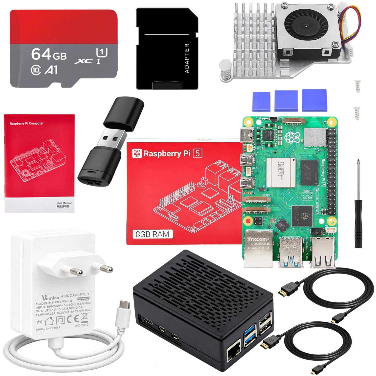 Vemico Raspberry Pi 5 Kit 8GO RAM 64GO Edition | Active Cooler,27W GaN 5,1V5A USB-C Alimentation,64GO Carte,4K Câble Micro HD Out,Pi5 8GO Board,Pi5 Boîtier,Manuel Utilisateur
