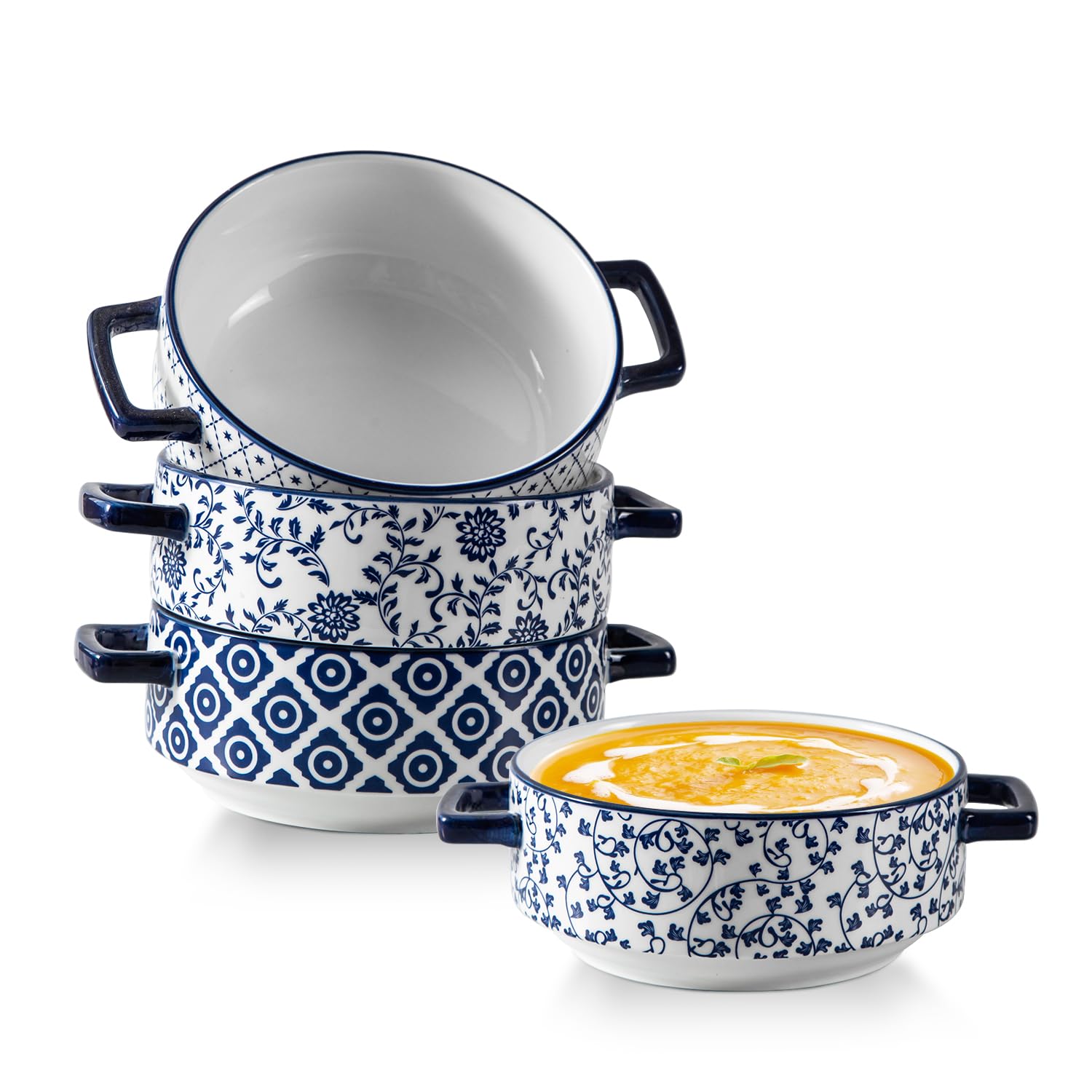 Cerkik 24 OZ Ceramic Soup Bowls with Handles Set of 4