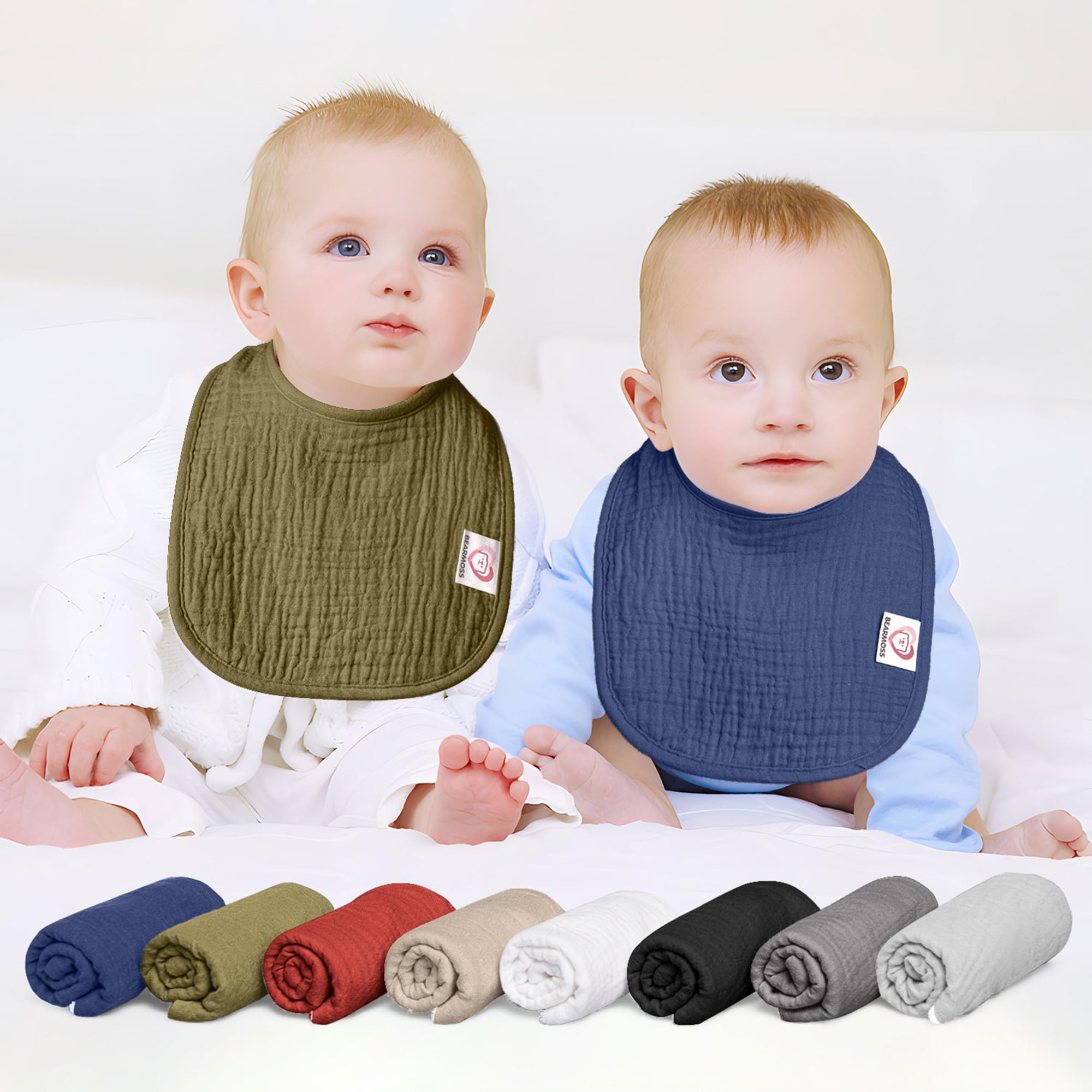 bearmoss Bavaglino Neonato, 100% Cotone, Bavaglino Quadrato per Bambini, Bavaglini Regolabili, Morbidi Bavaglini per Bambini e Bambine, 8 Pezzi