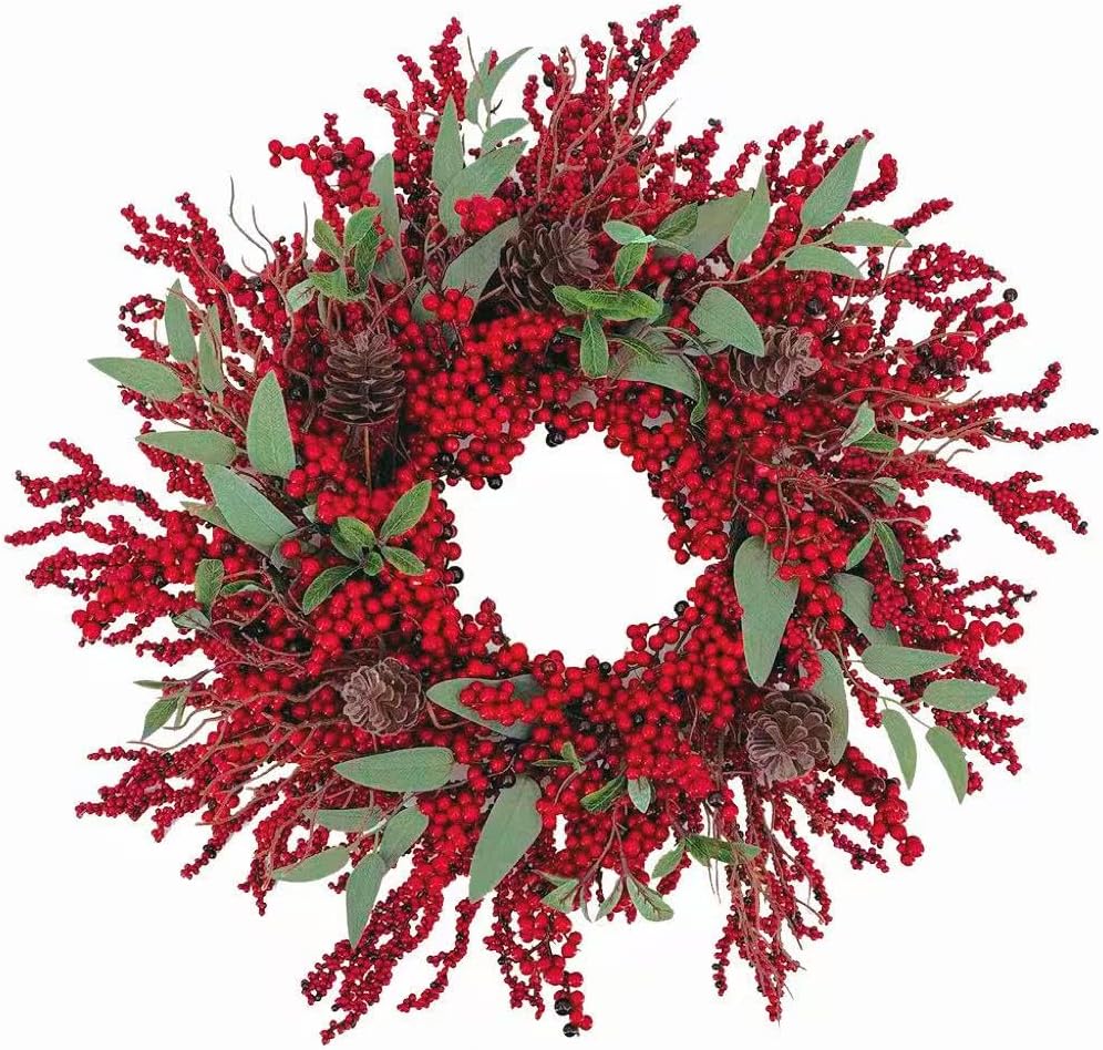 20 inch red Berry Christmas Wreath for Front Door?Used for Wall, Window, Porch, Farmhouse, Indoor and Outdoor Home Decoration Red01
