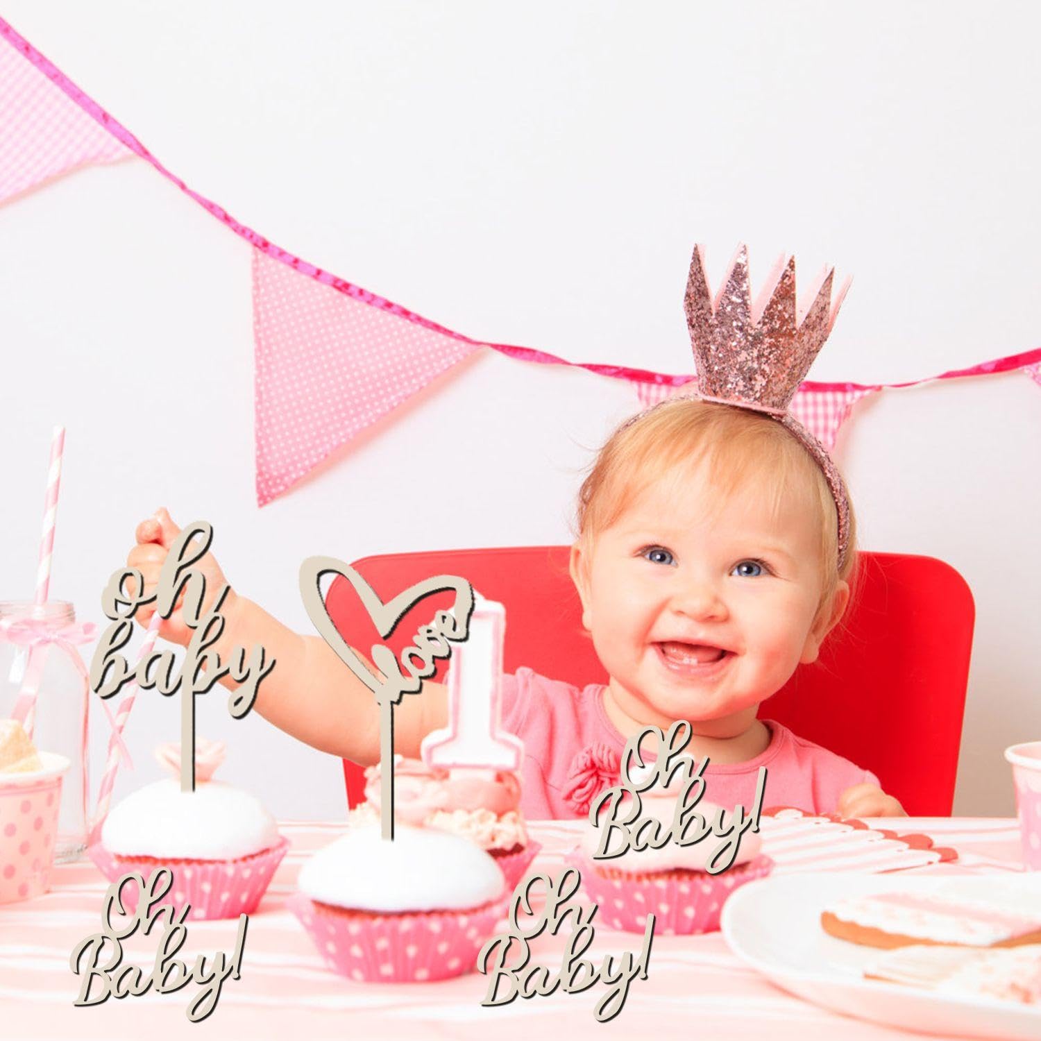 Décoration Gâteau 1er Anniversaire - Insert En Bois + Bougie Chiffre 1 - Kit Fête Bébé Simple Et élégant - 9