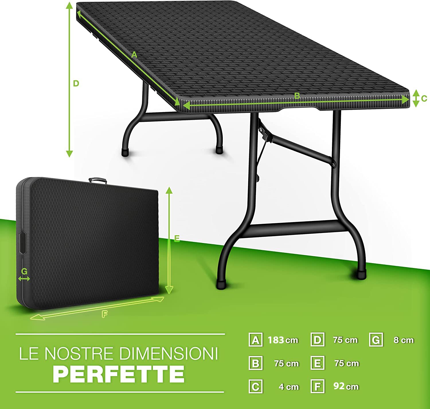 GOVITA Tavolo Salvaspazio Pieghevole Da Giardino Bianco 183x76 Cm Tavolo Richiudibile Da Campeggio Resistente Con Maniglia Per Trasporto In Hdpe Da Balcone Terrazza Campeggio (Nero)