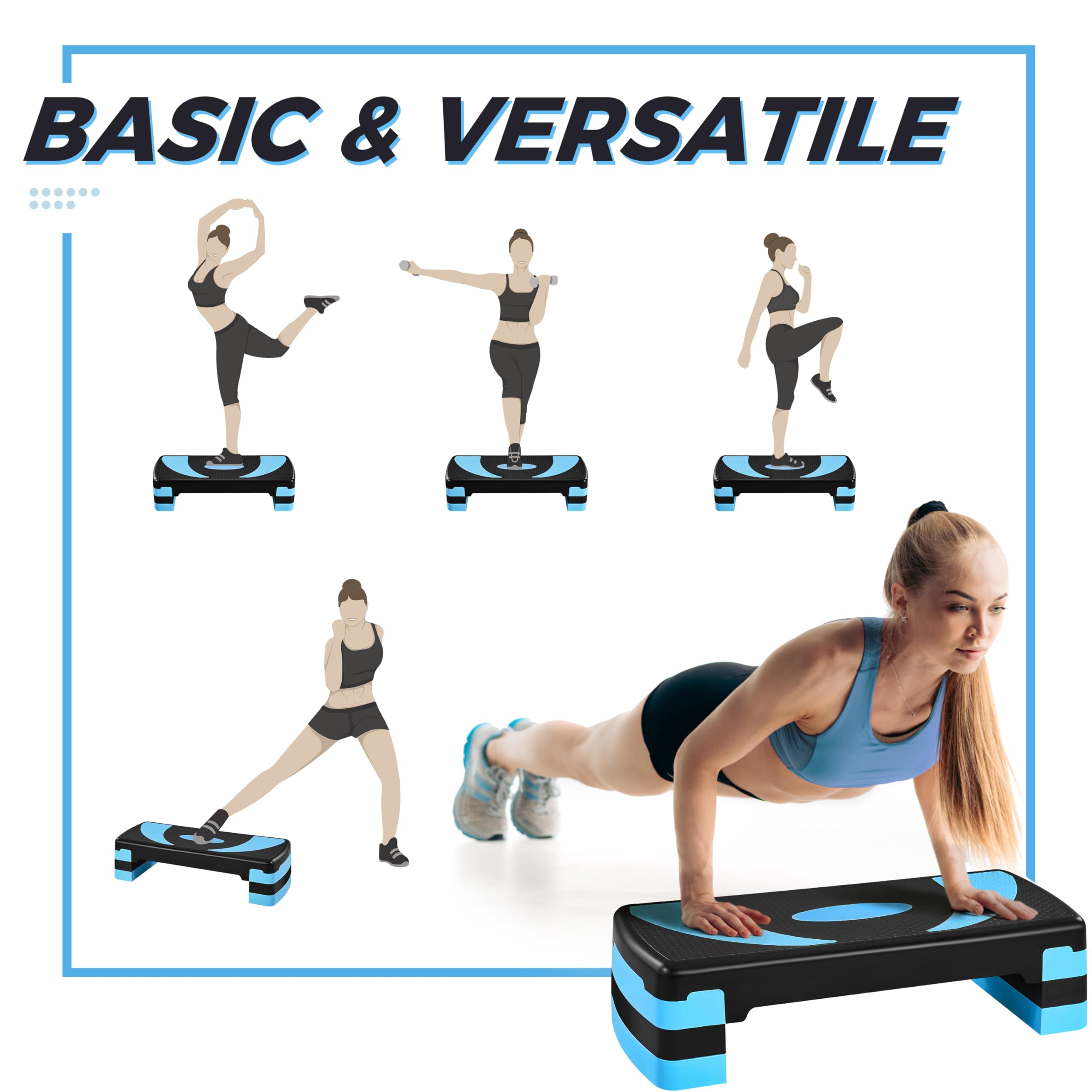 Abician Step de Fitness Stepper d'aérobic 79,5 x 30 x 20cm Réglable sur 3 Hauteurs Marche d'exercice pour Fitness à la Maison et au Bureau Bleu