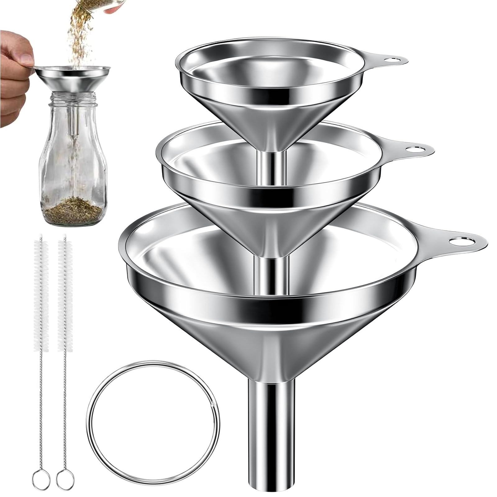 AOKITO 3 lejki ze stali nierdzewnej (7,5 cm/5,5 cm/4,5 cm), lejek kuchenny, metalowy lejek do napełniania płynnych składników, suchych składników i proszku, akcesoria z 2 szczotkami do czyszczenia