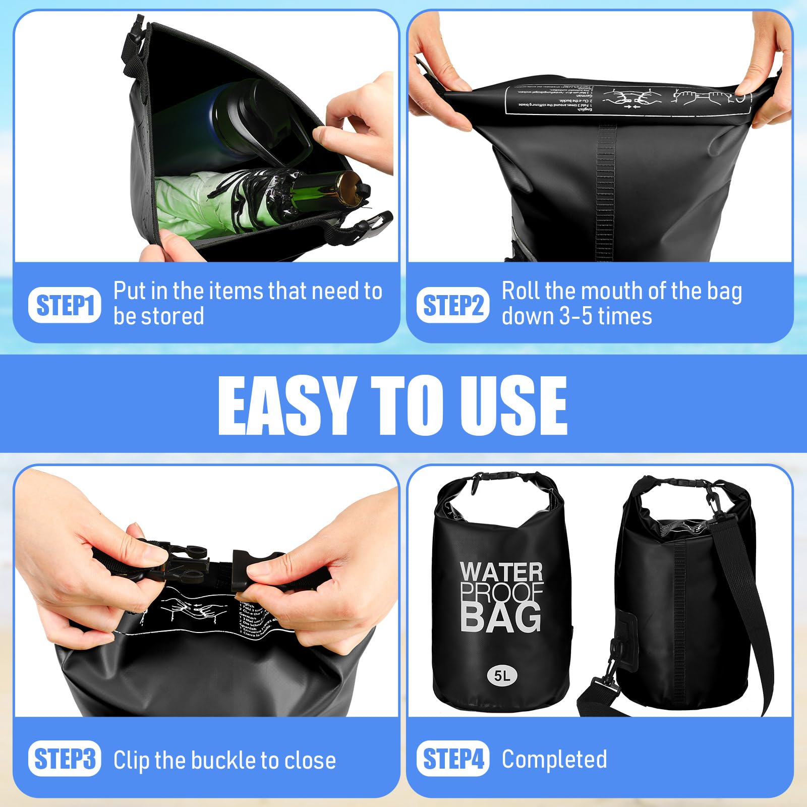 Jexine Confezione da 10 sacchetti impermeabili da 5 l, ultraleggeri, ermetici, in ripstop, da campeggio, per backpacking, kayak, escursionismo, nuoto, pesca, rafting, canottaggio (nero)